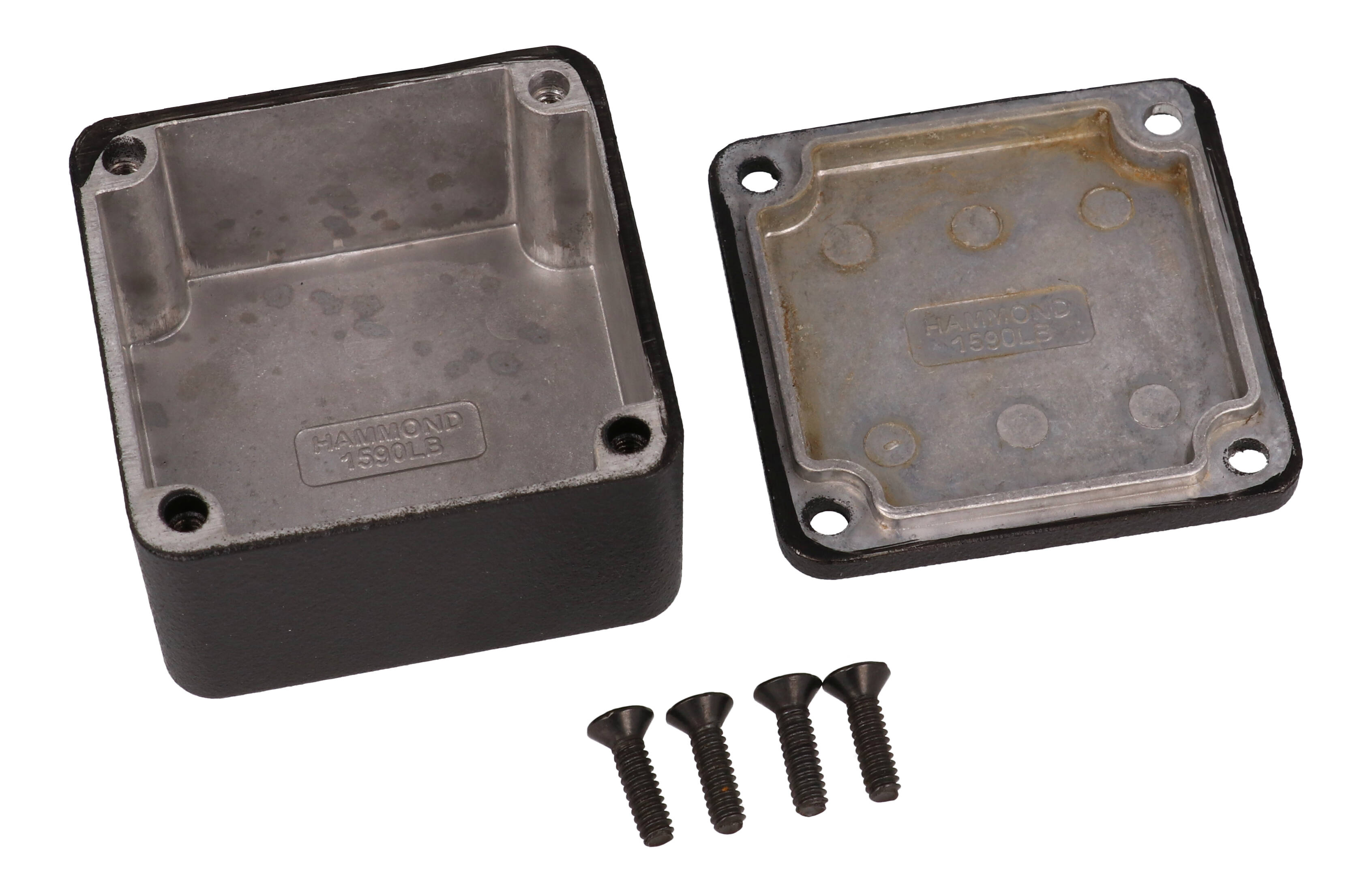1590LBBK black textured diecast aluminum enclosure, 51 x 51 x 31 mm, with black cover screws