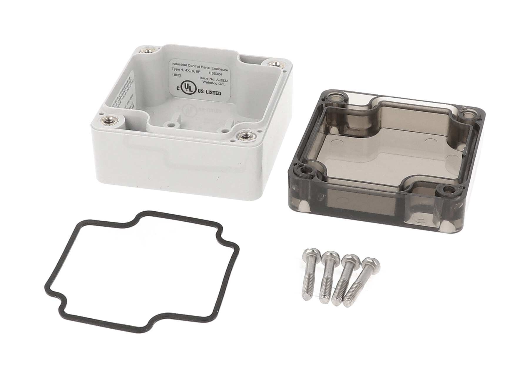 1554B2GYSL light gray polycarbonate enclosure with smoked lid, 65 x 65 x 41 mm