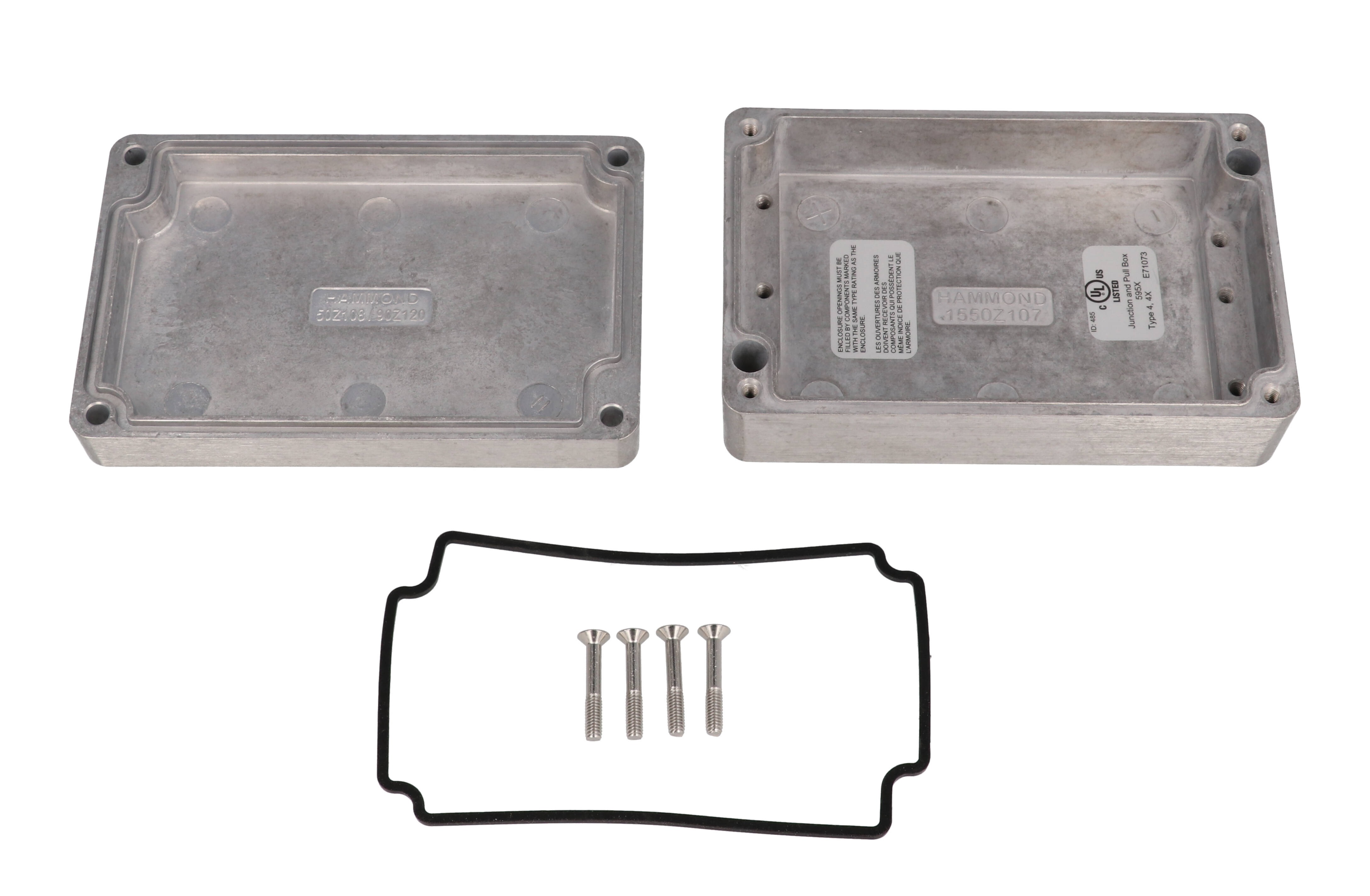 Hammond 1550Z107 natural unpainted watertight diecast aluminum enclosure, 125 x 80 x 41 mm, with lid and cover screws
