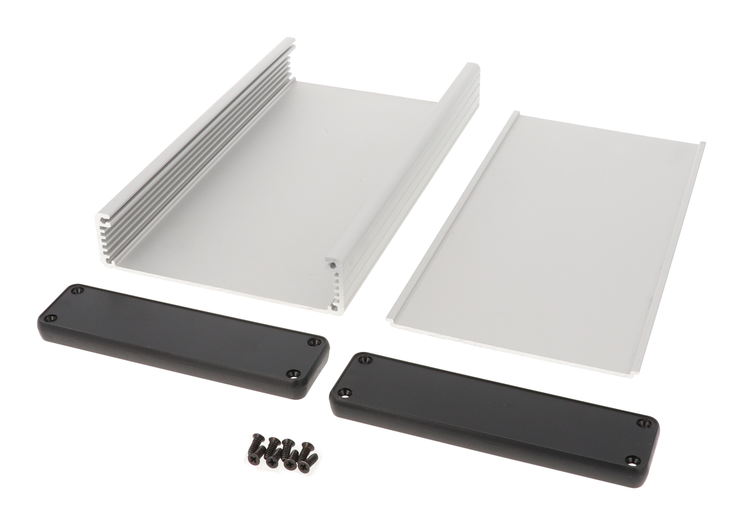 1455P2202 clear anodized extruded aluminum PC board enclosure, 220 x 125 x 30.5 mm, with closed black plastic end panels