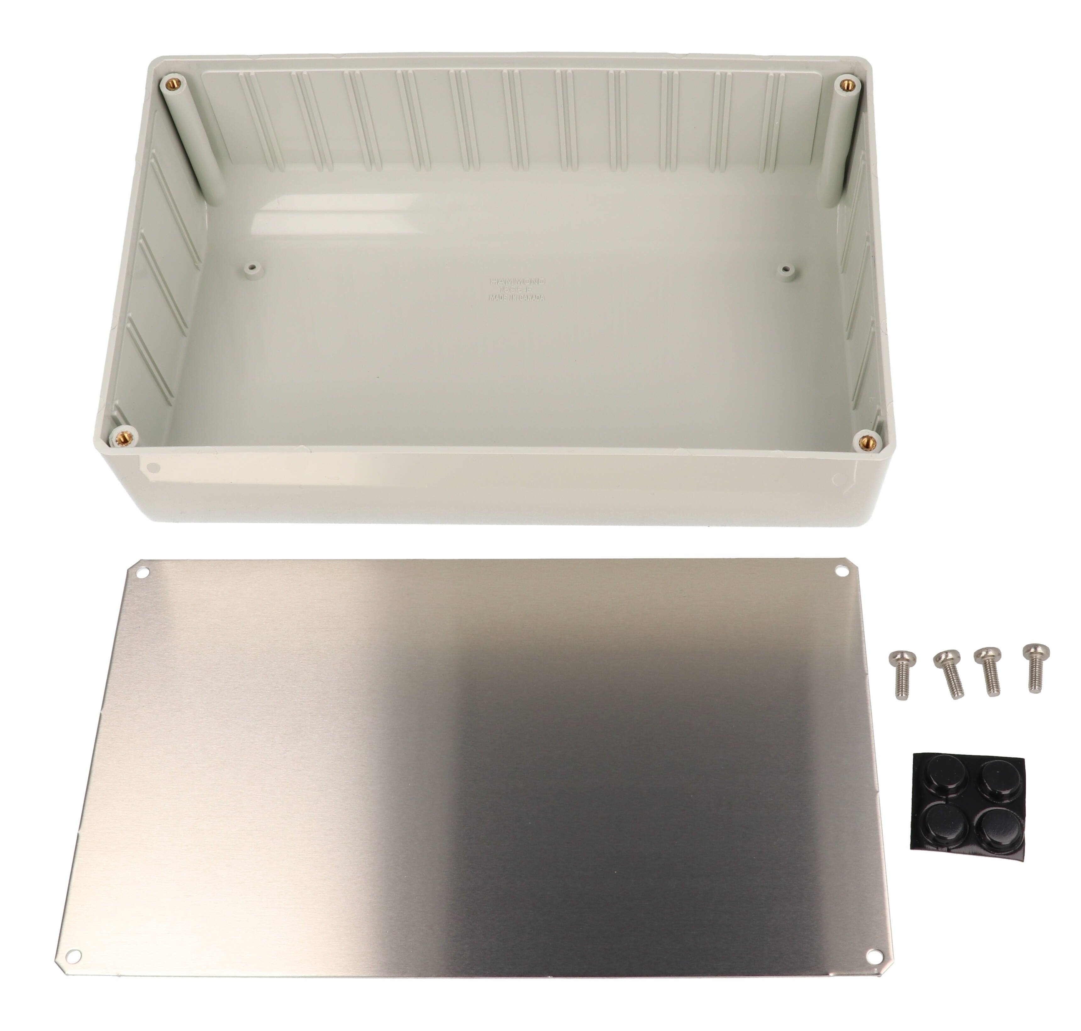 1595EGY light gray sloped plastic console enclosure with recessed aluminum front panel, 215 x 130 mm