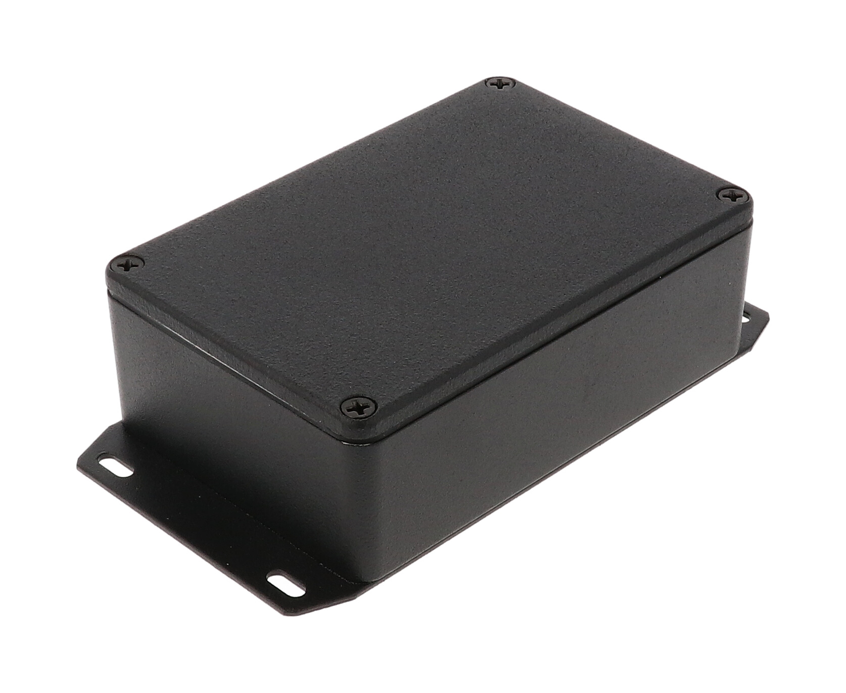 1590WB3FBK black textured IP65 watertight diecast enclosure, 116 x 77 x 38 mm, welded flanged bottom plate