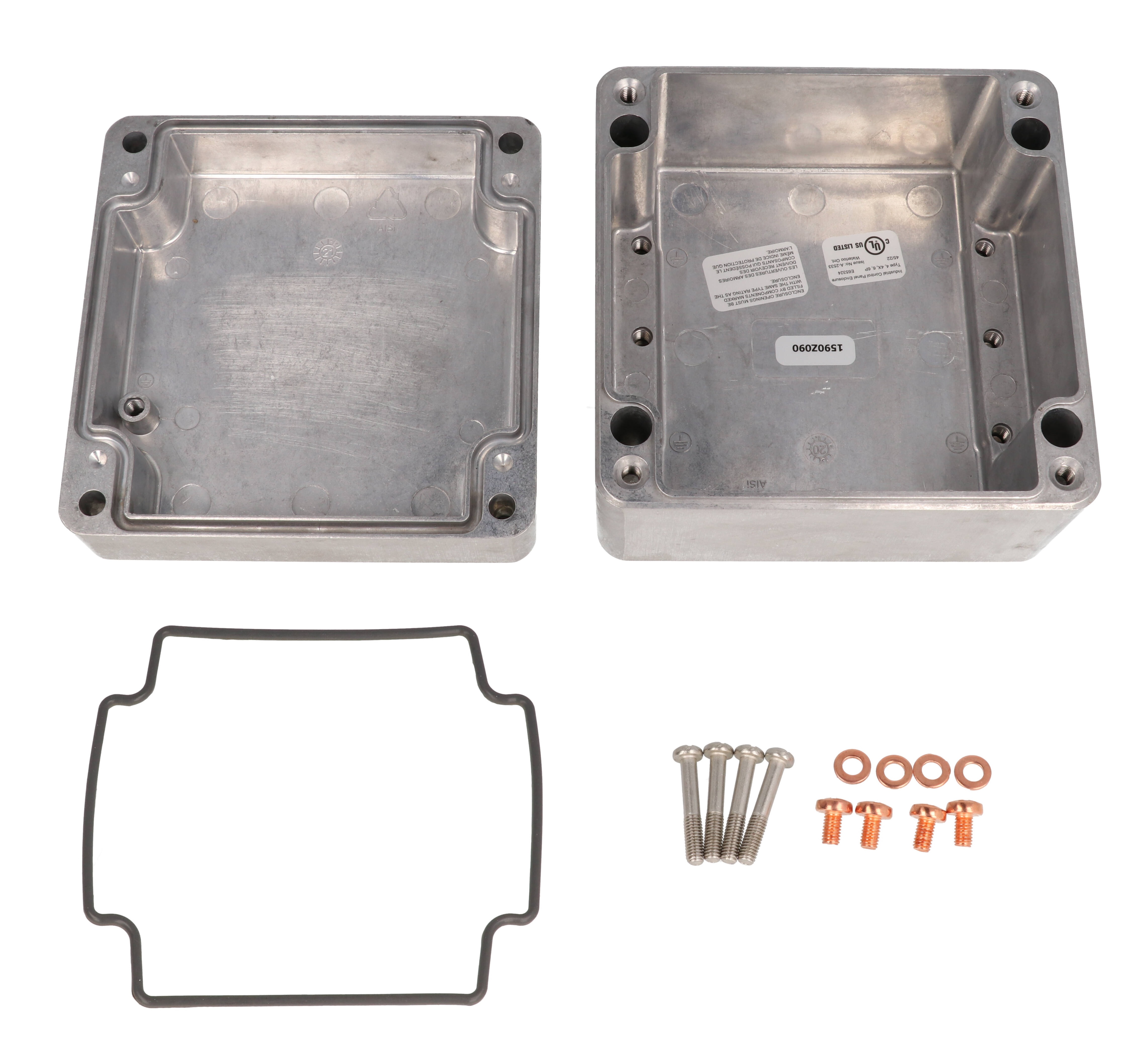 1590Z090 natural (unfinished) aluminum 140 x 140 x 90 mm diecast aluminum enclosure with gasketed lid and recessed stainless screws