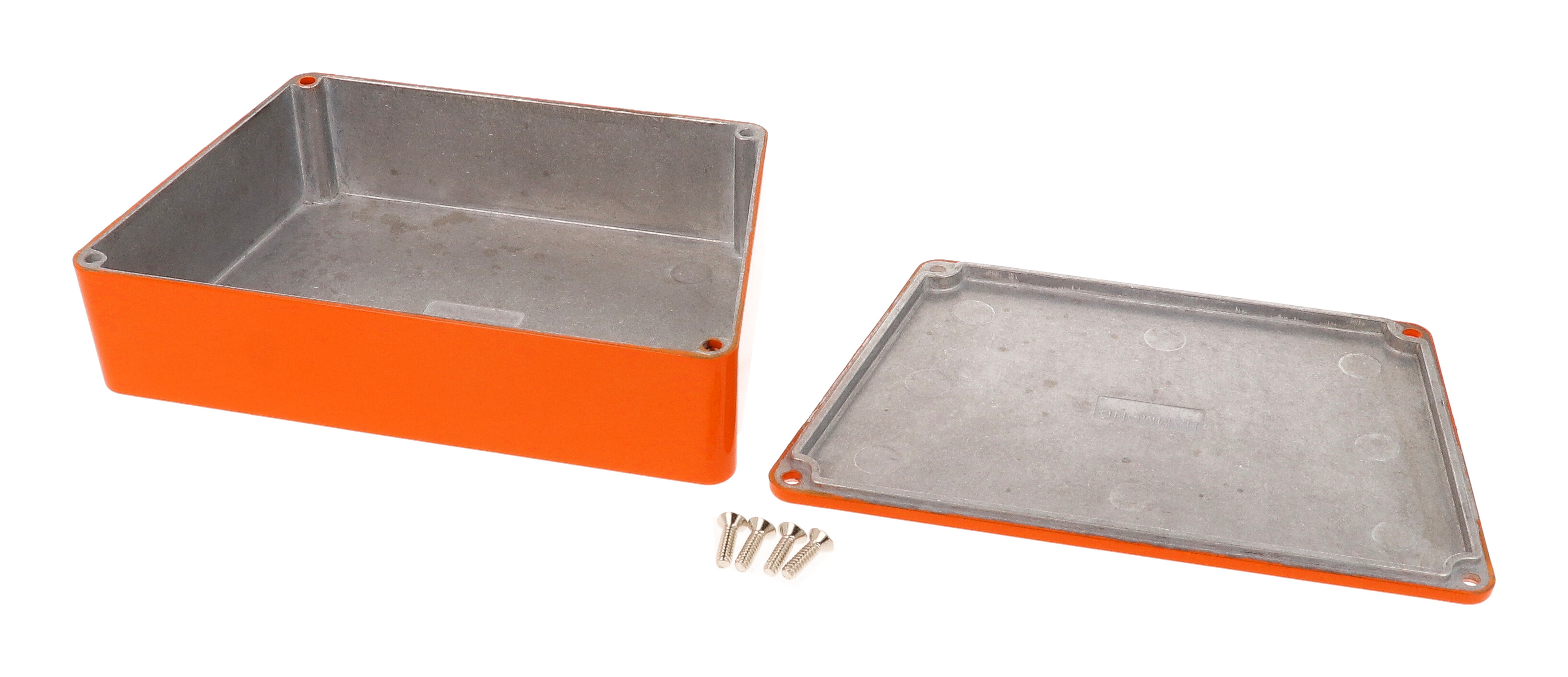 1590TRPCOR orange powder coated wide trapezoid diecast aluminum stomp box enclosure