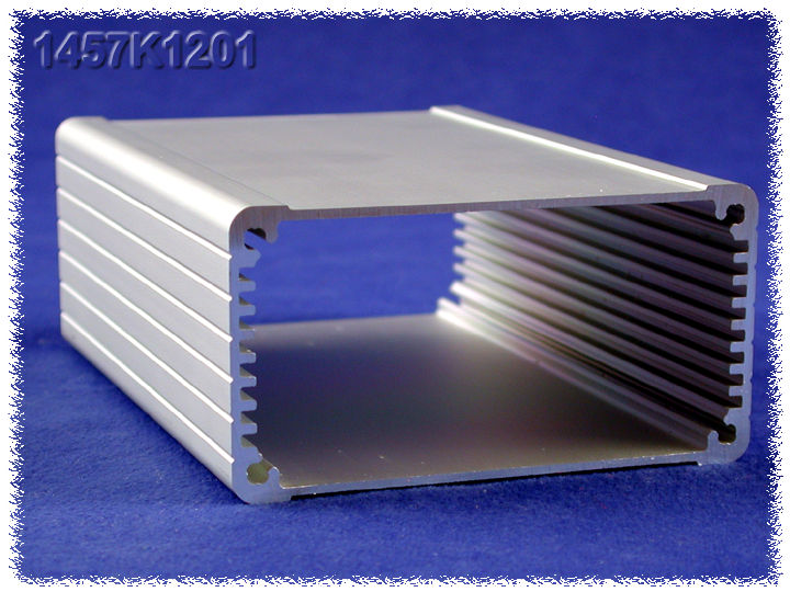 1457K1202 clear anodized watertight extruded aluminum enclosure, 120 x 84 x 44.00 mm, with black flanged diecast end panels