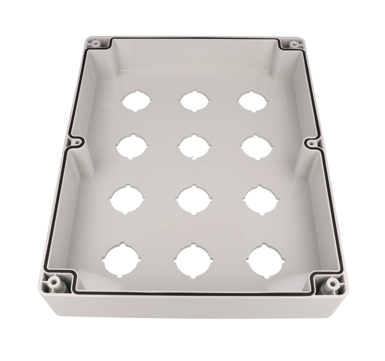 1554PB12A deep light gray polycarbonate enclosure with twelve 30.5mm pushbutton holes