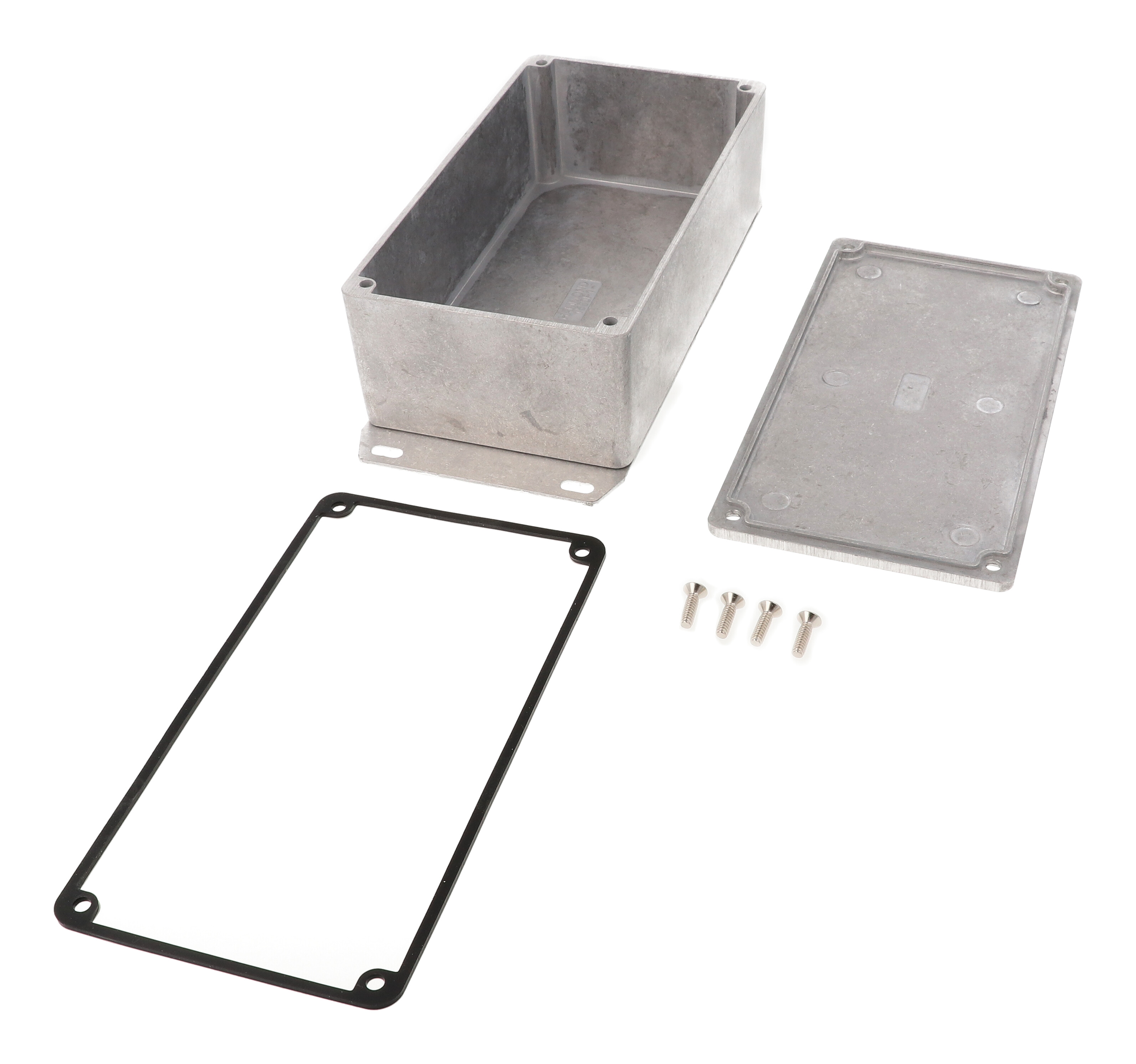 1590WP1F natural aluminum watertight diecast enclosure, 153 mm x 83 mm x 50 mm, with flanged bottom plate