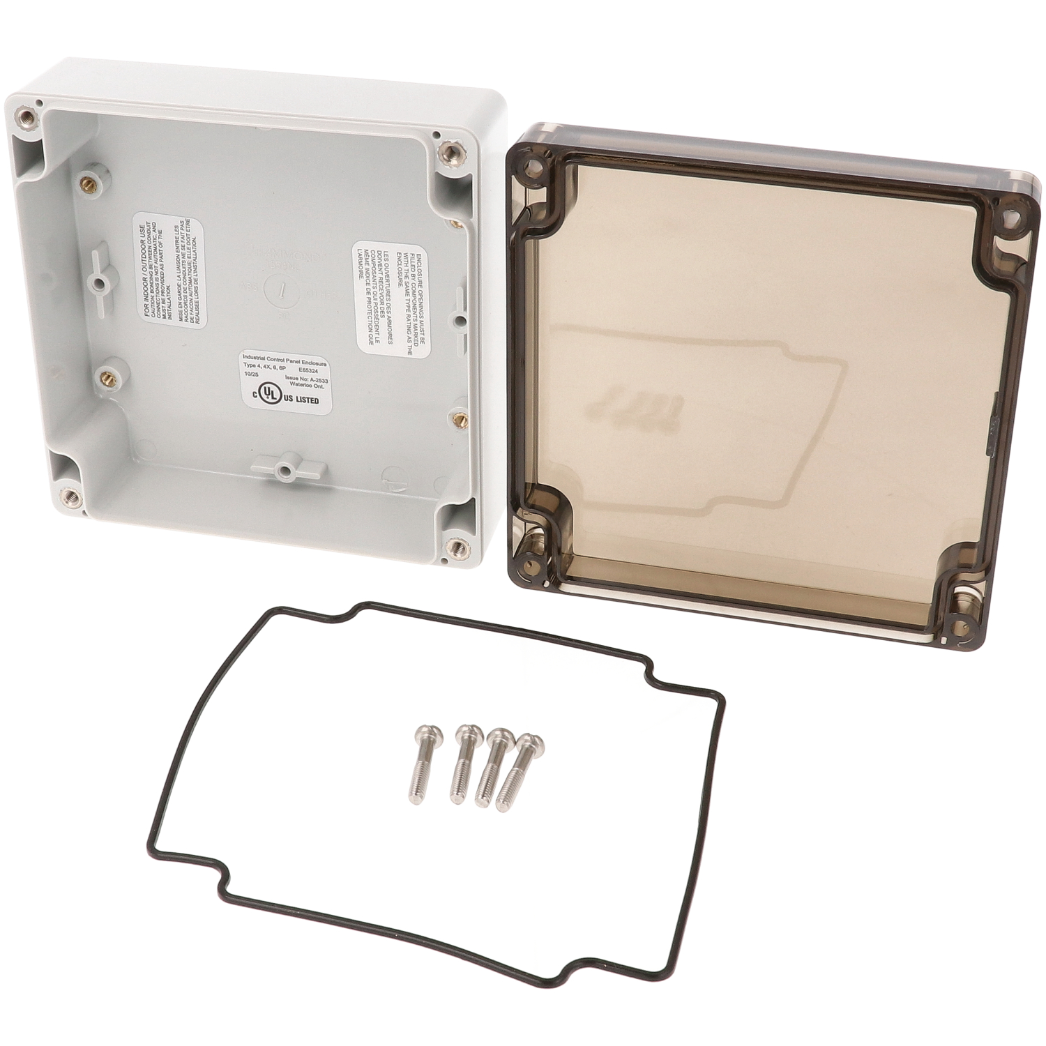 1554NL2GYSL low-profile gray polycarbonate enclosure with smoked lid, 120 x 120 x 45 mm