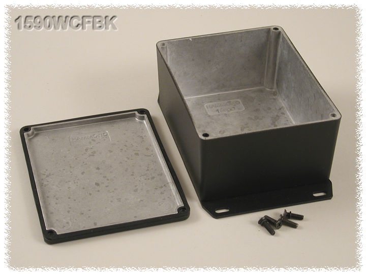 1590WCFBK textured black watertight diecast aluminum enclosure, 119 mm x 94 mm x 56 mm, with flanged bottom plate