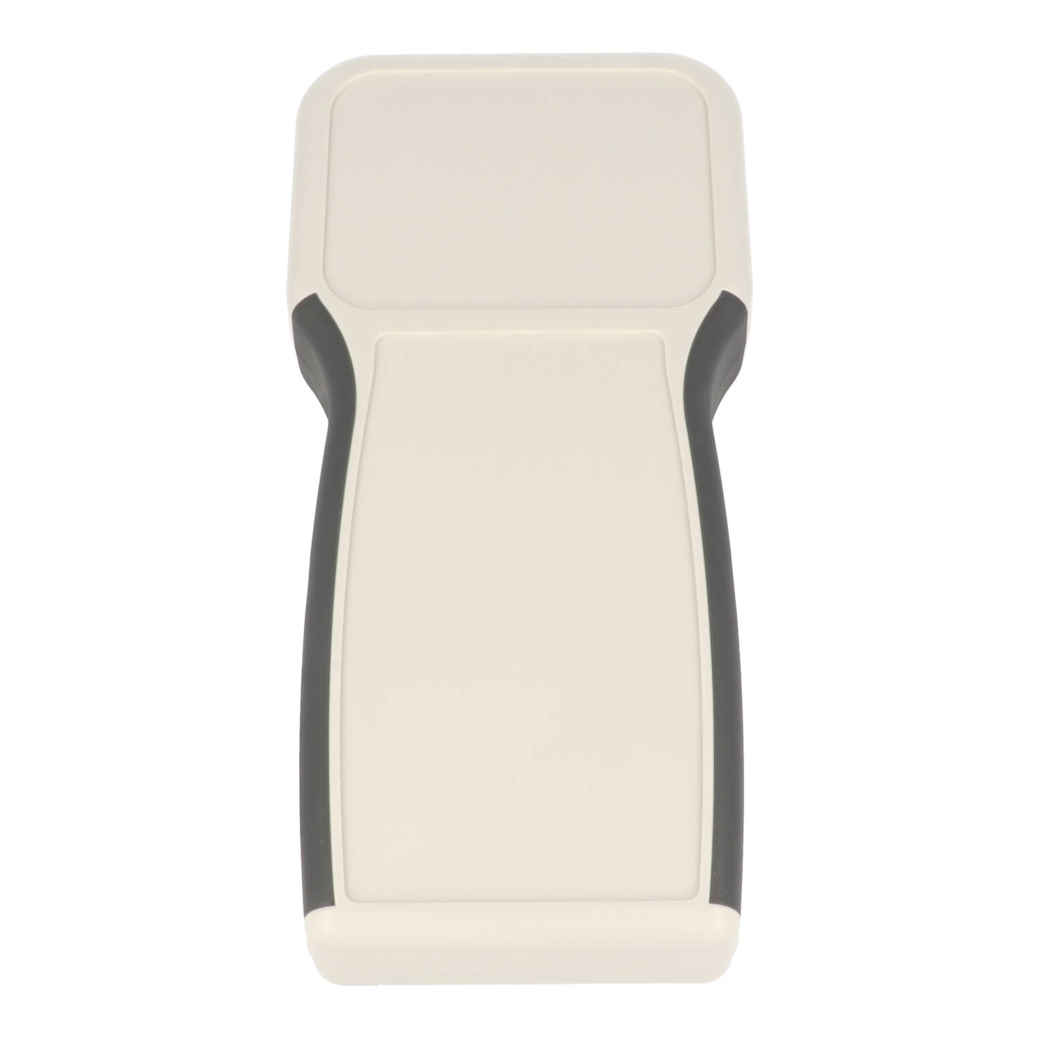 1553TGYBAT light grey ABS T-shaped hand held enclosure with battery door and dark grey soft grip
