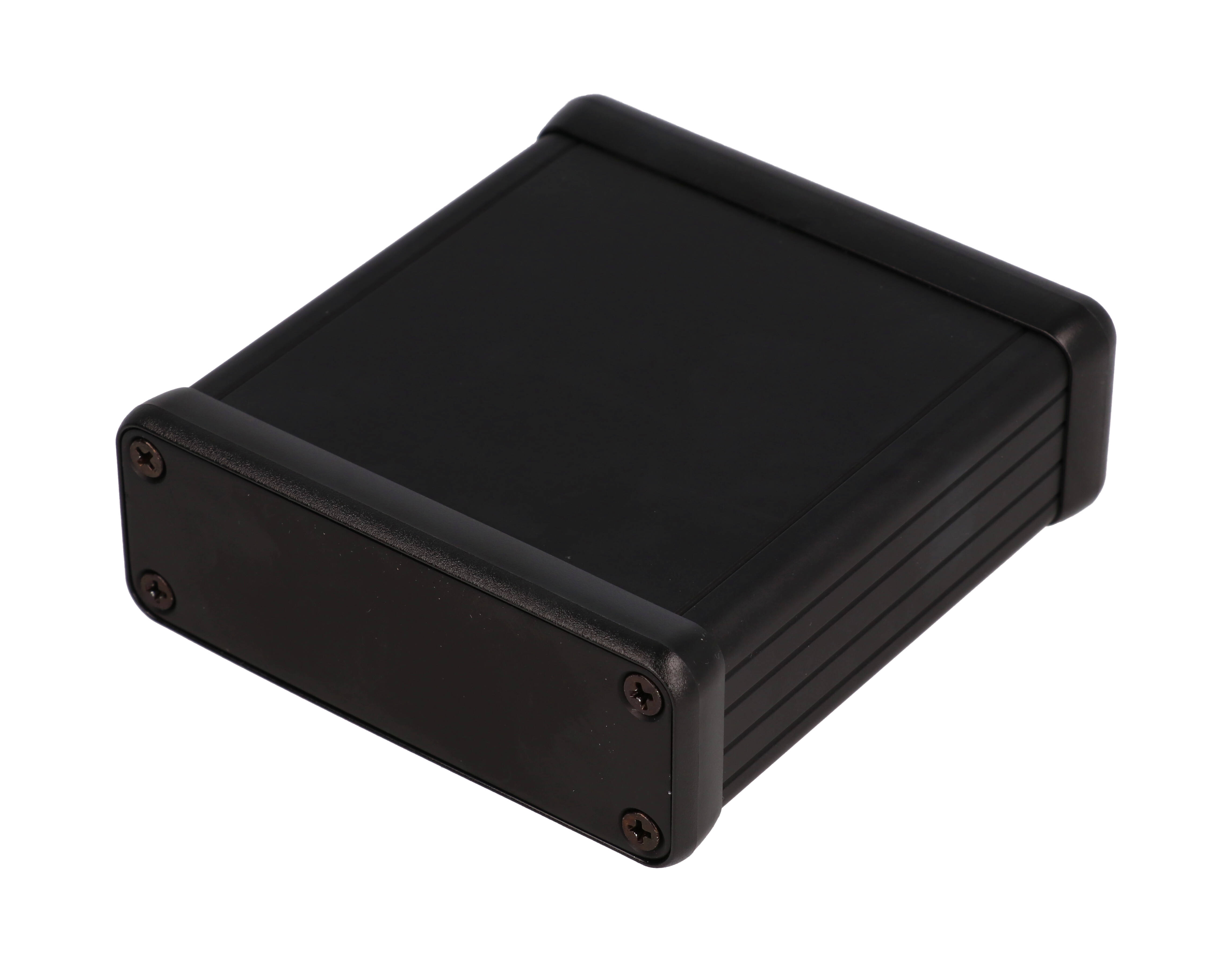1455J801BK — extruded black aluminum enclosure w/ metal end panels