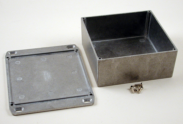 1590KKFL natural diecast aluminum enclosure with wall-mounting flanged lid, 125 x 125 x 57 mm