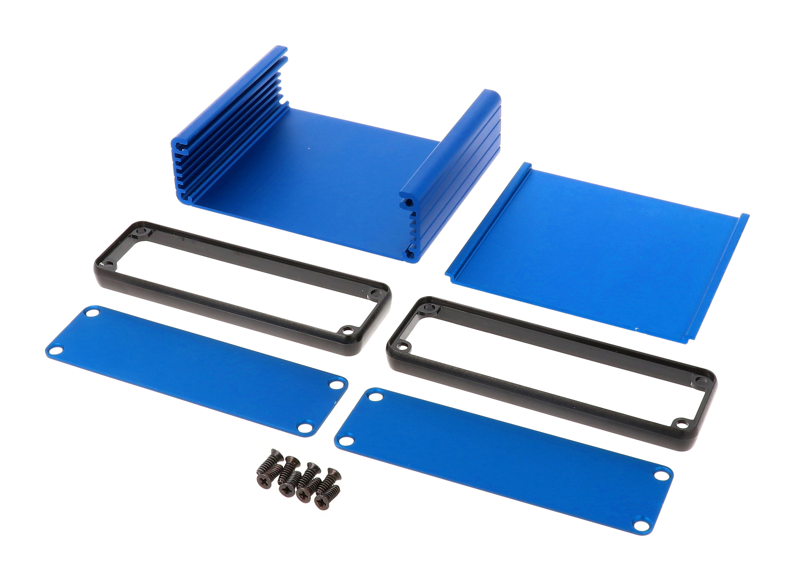 1455L801BU blue anodized extruded aluminum PC board enclosure, 80 x 103 x 30.5 mm, with aluminum end panels and black bezels