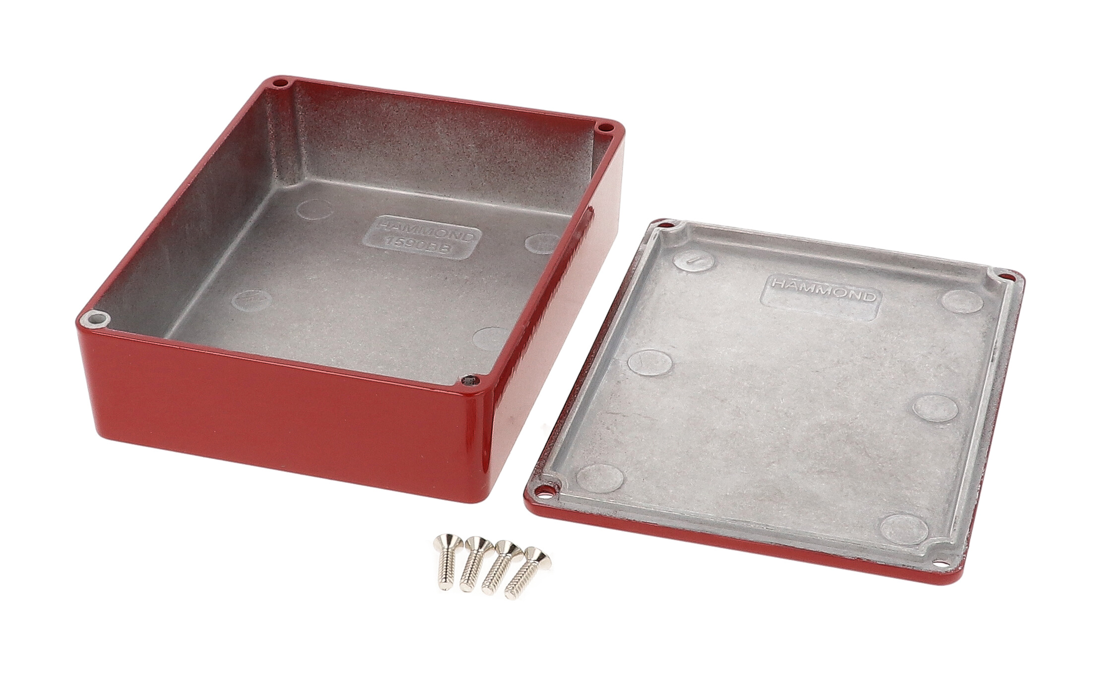1590BBRD red powder coated diecast aluminum stomp box enclosure, 120 x 94 x 34 mm, with lid