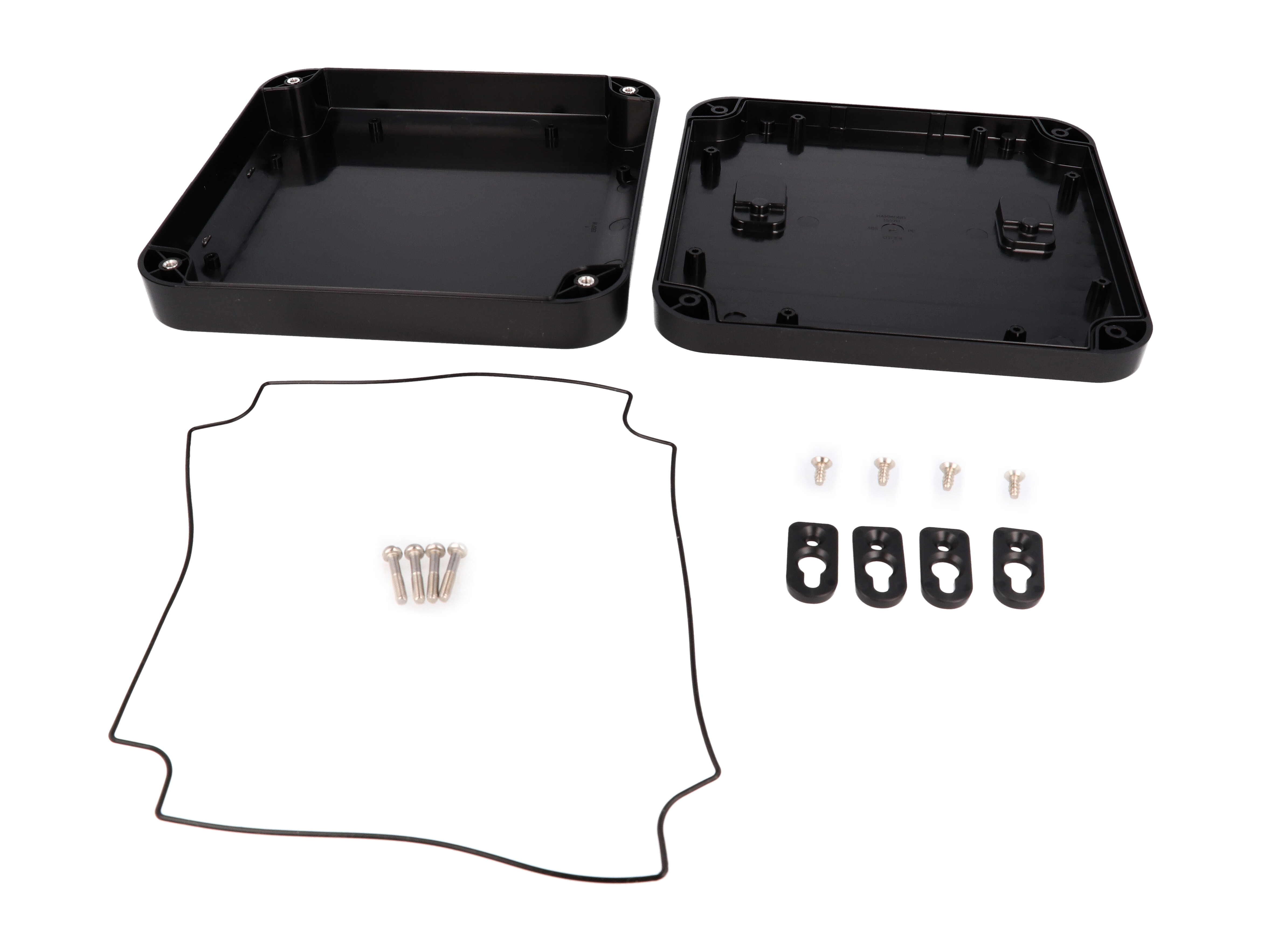 1557HBK black ABS low profile watertight enclosure, 200 x 200 x 45 mm
