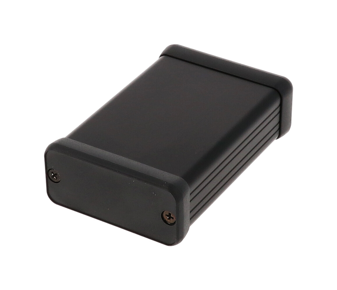 1455C802BK black anodized extruded aluminum PC board enclosure, 80 x 54 x 23 mm, with plastic end panels