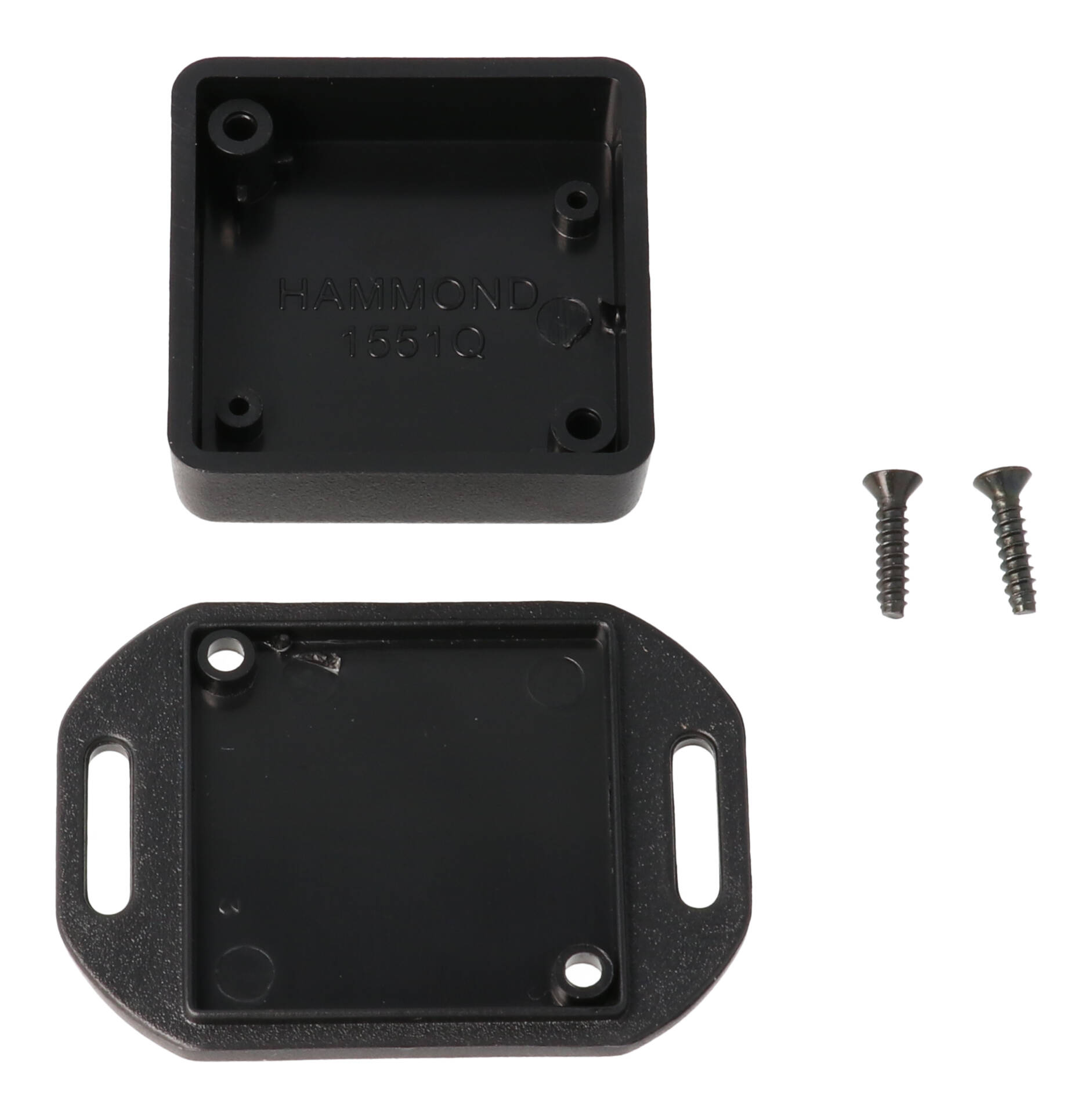 1551QFLBK black ABS miniature enclosure with flanged mounting lid, 40 x 40 x 15 mm