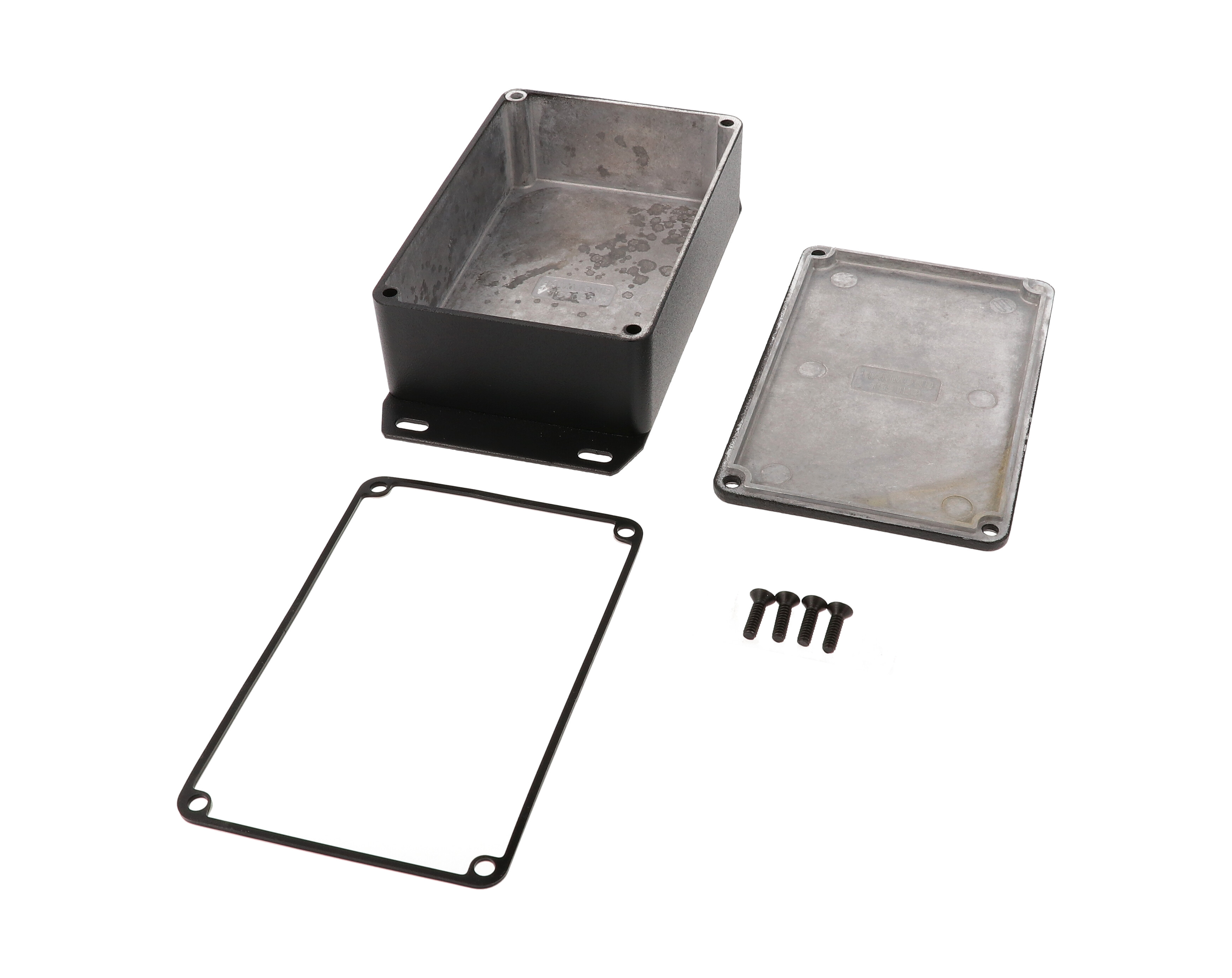 1590WB3FBK black textured IP65 watertight diecast enclosure, 116 x 77 x 38 mm, welded flanged bottom plate