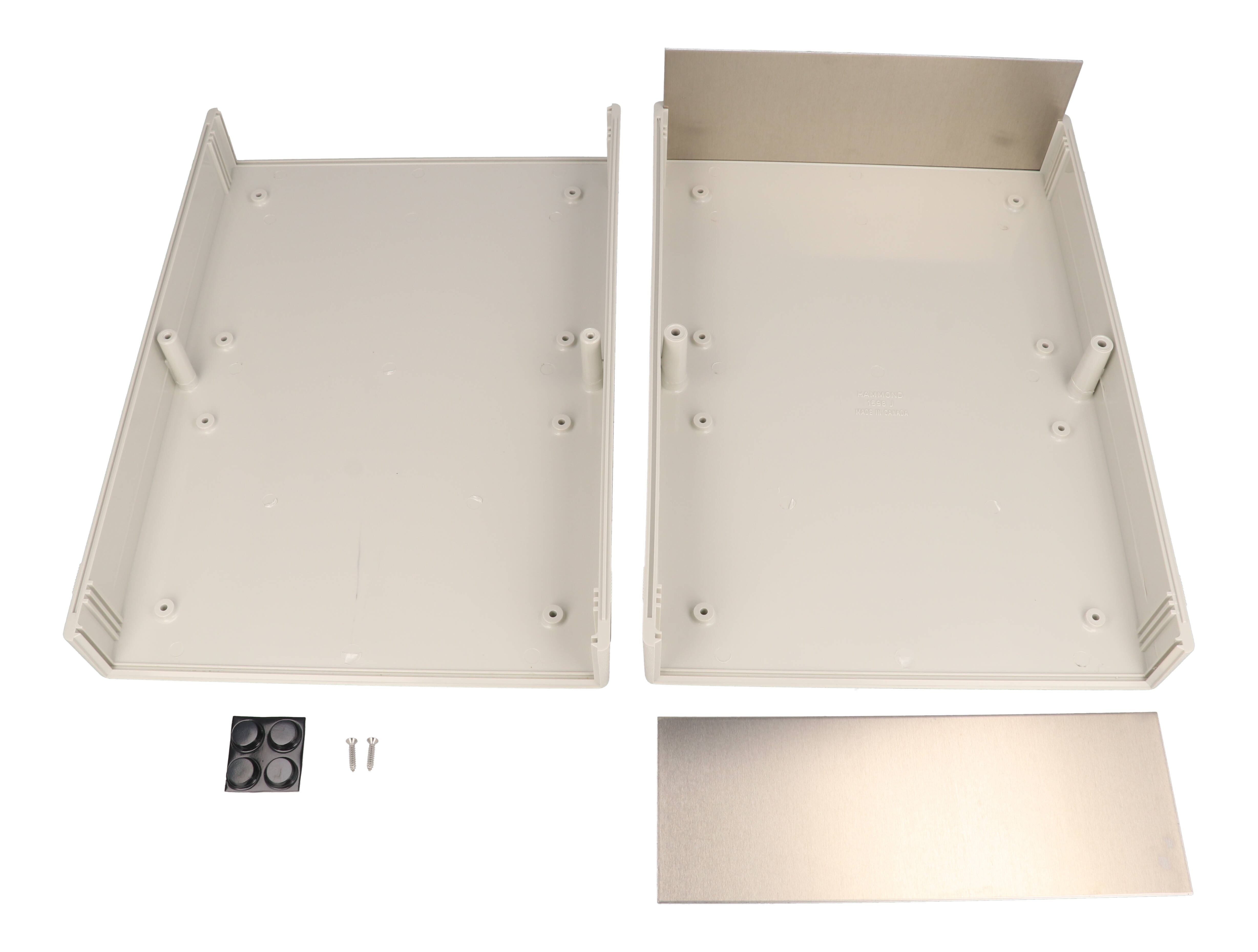 1598JSGY light gray general purpose ABS clam shell box with brushed aluminum end panels