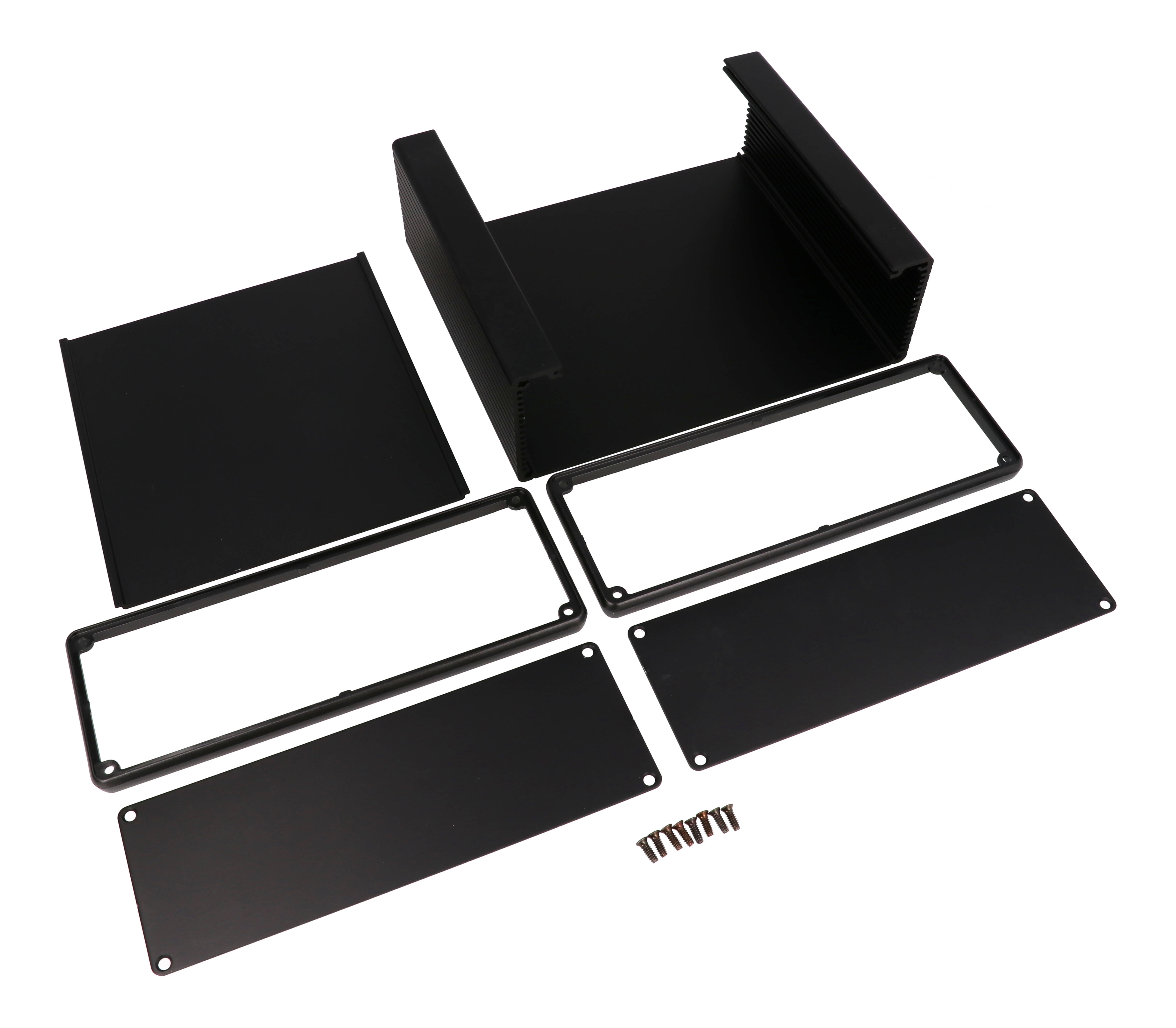 1455U1601BK black anodized extruded aluminum enclosure, 160 x 191 x 66 mm, with aluminum end panels and black open bezels