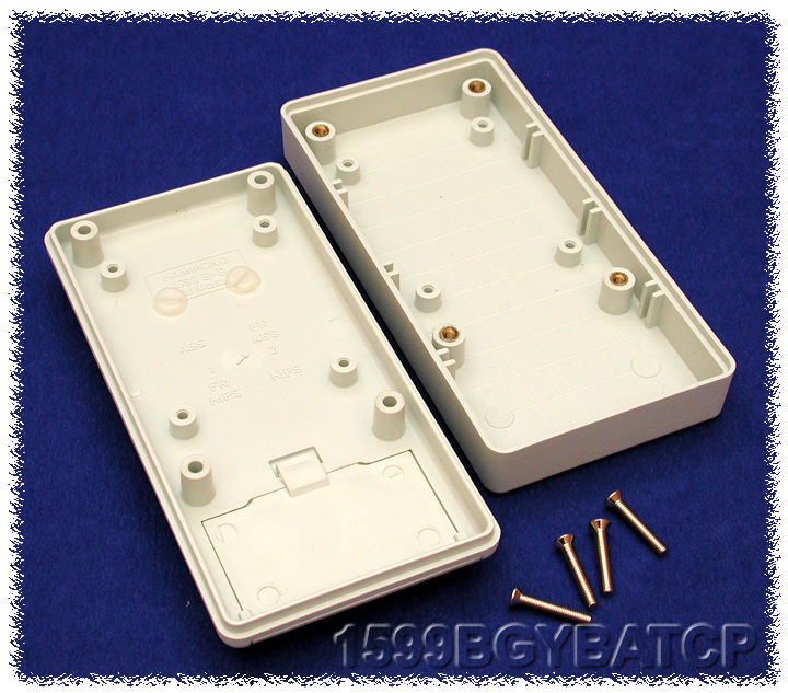 1599BGYBATCP light grey handheld enclosure with battery door and installed belt clip