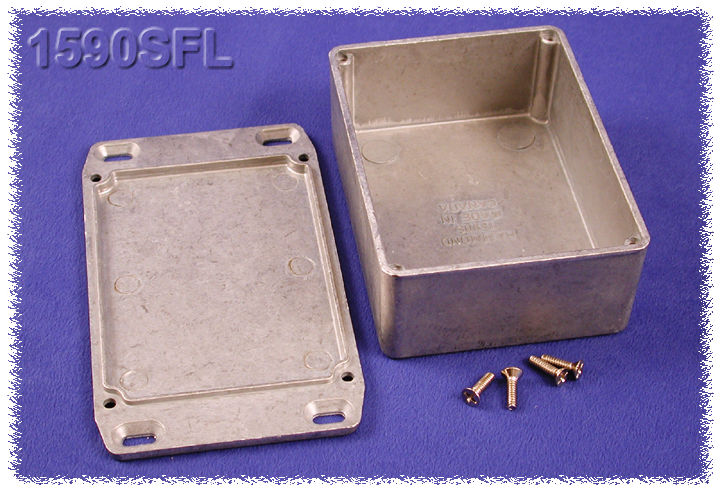 1590SFL natural aluminum diecast aluminum enclosure with wall-mounting flanged lid, 110 x 82 x 44 mm