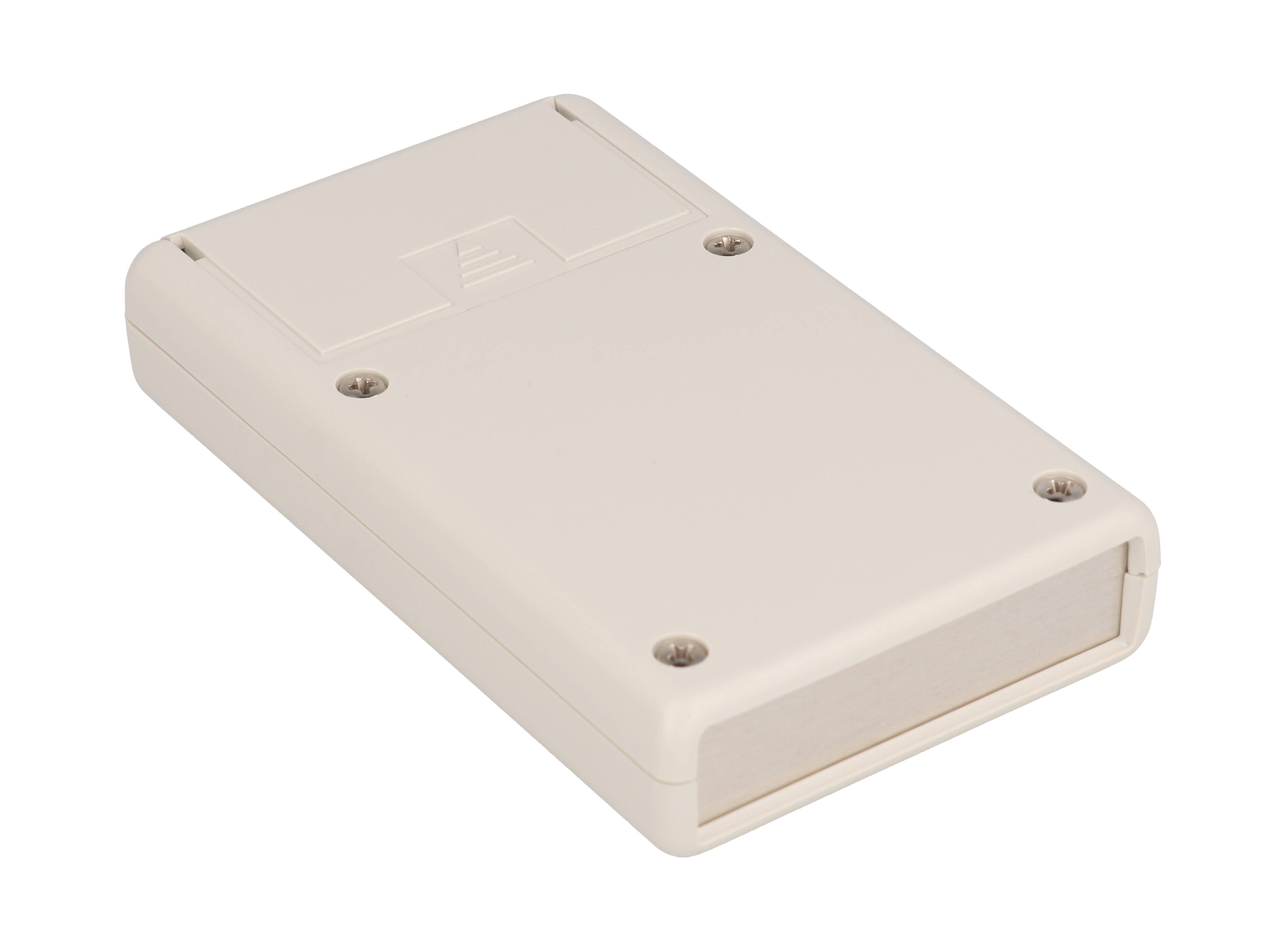 1593TALGY light gray ABS hand held instrument enclosure, 112 x 66.5 x 21 mm, with aluminum end panel and battery door