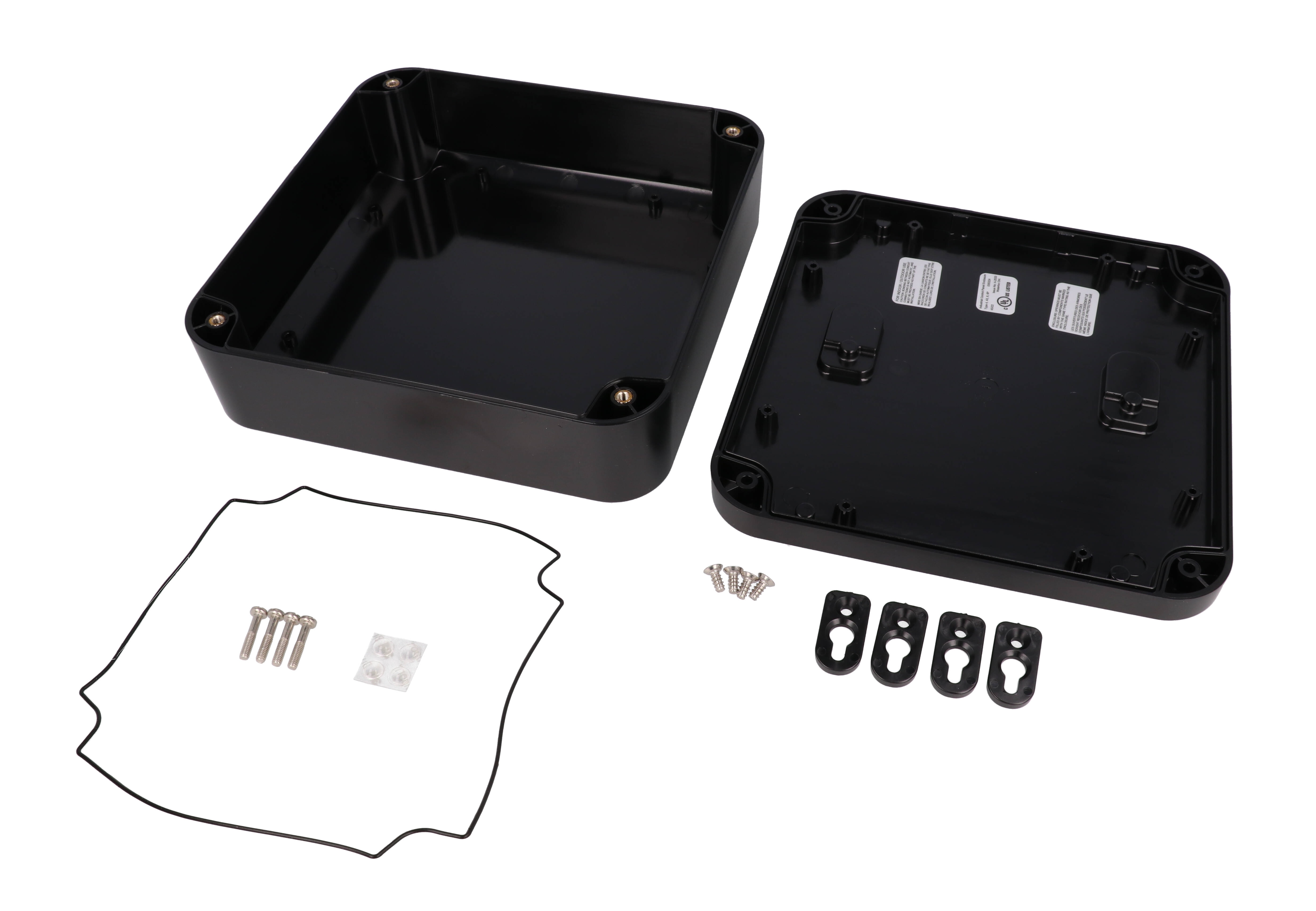 1557HA2BK black polycarbonate watertight enclosure, 200 x 200 x 70 mm, with rounded corners and gasketed screw-down lid
