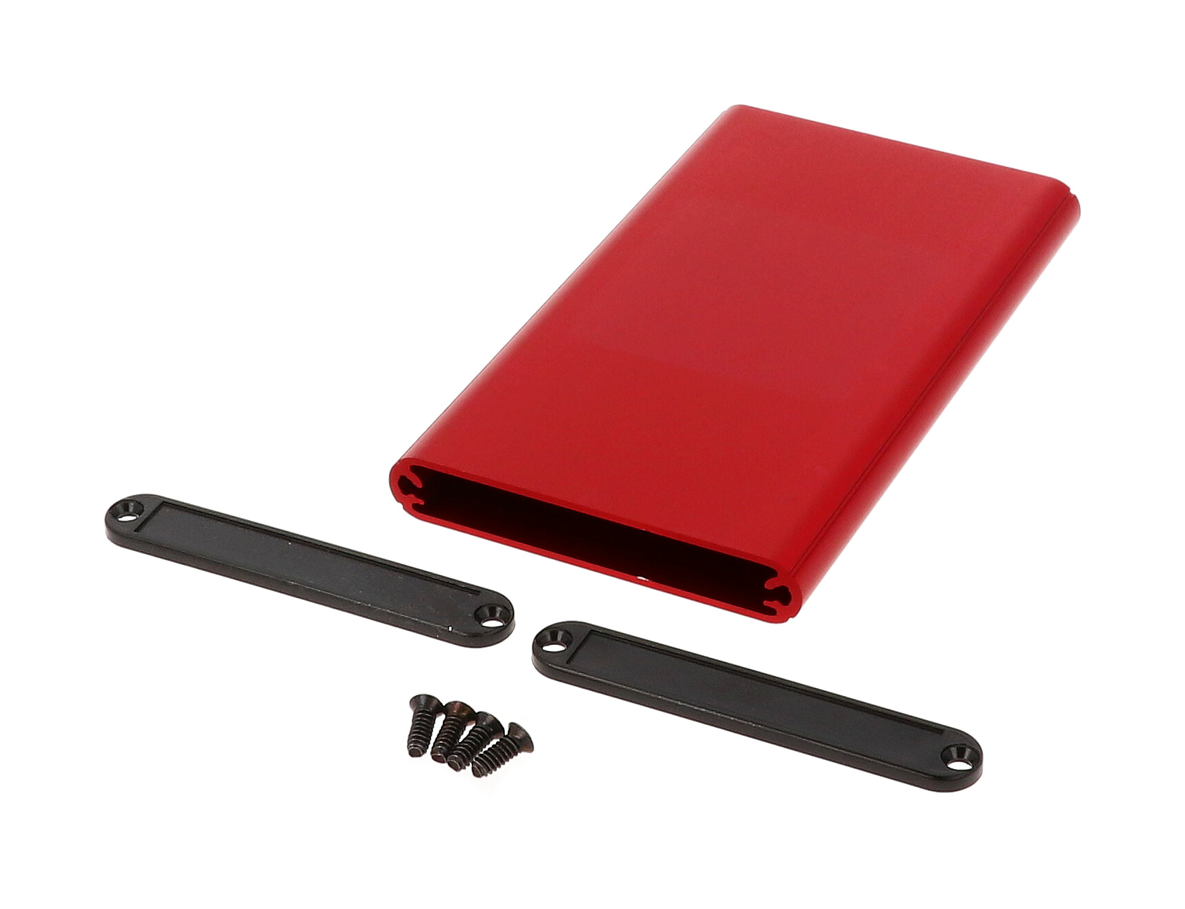 1455A1202RD red anodized extruded aluminum PC board enclosure, 120 x 70 x 12 mm, with plastic end panels