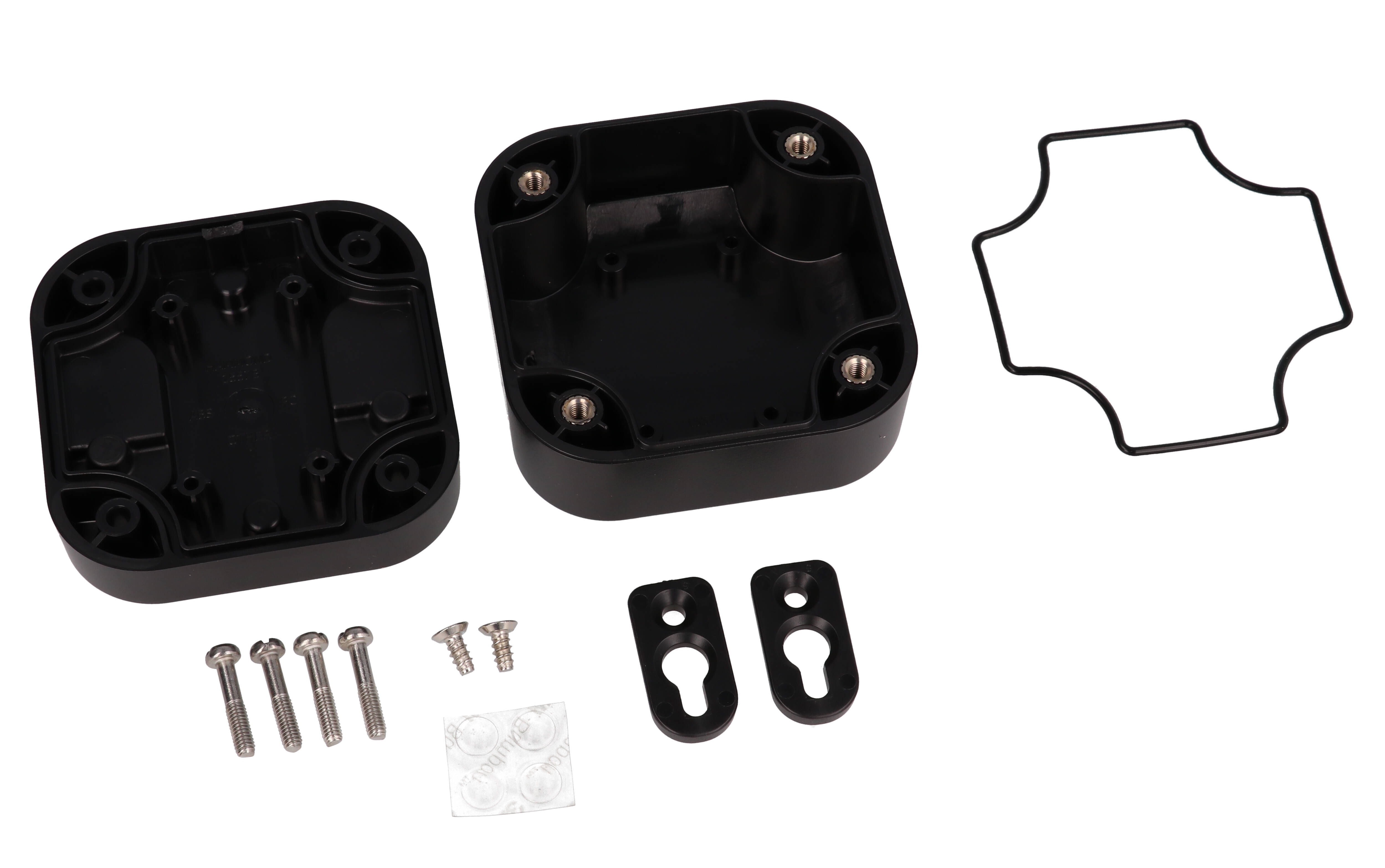 1557BBK black ABS watertight enclosure, 80 x 80 x 45 mm, rounded low-profile body with four lid screws