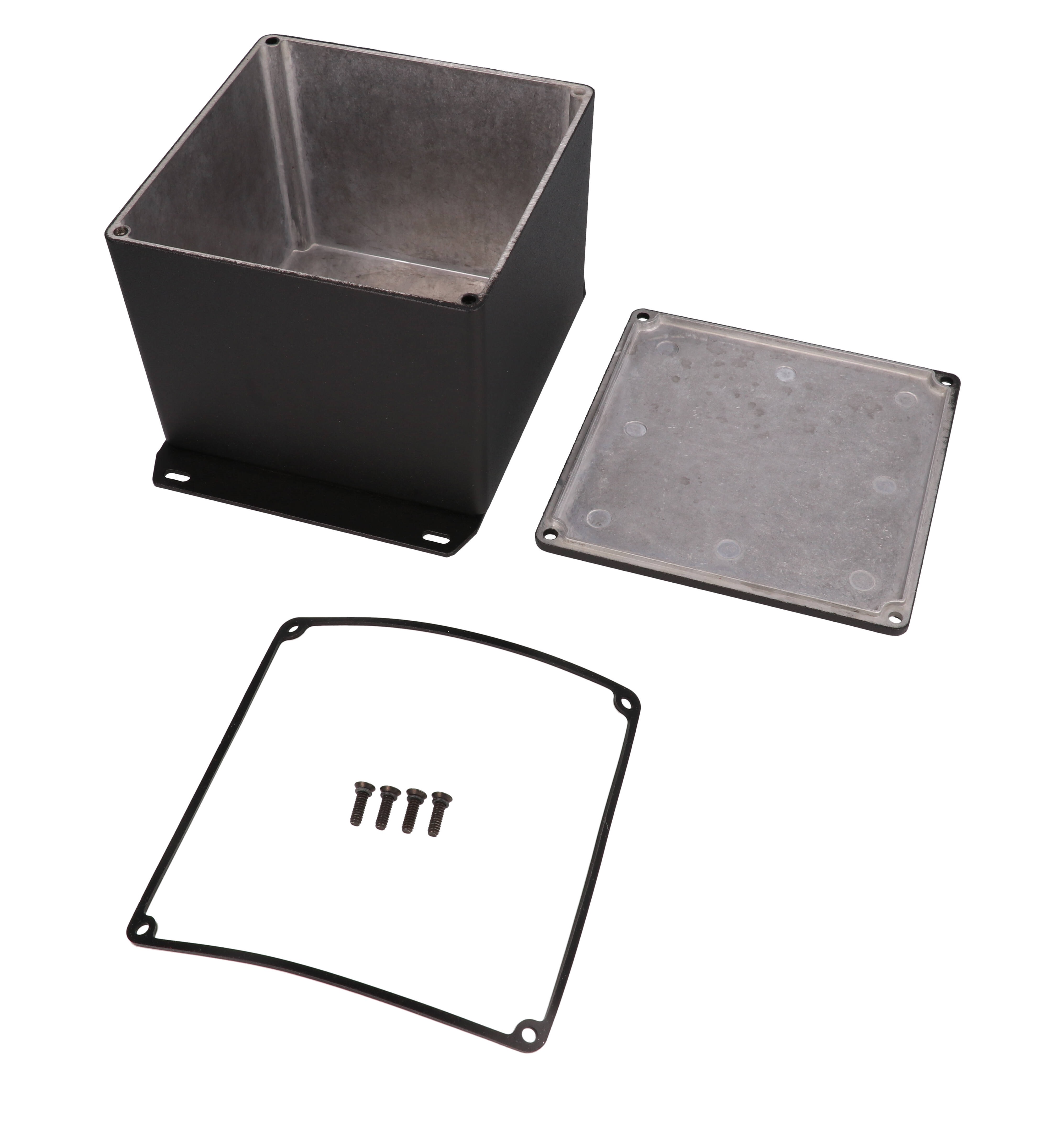 1590WVFBK black textured watertight diecast aluminum enclosure with flanged bottom plate, 119 mm x 120 mm x 94 mm