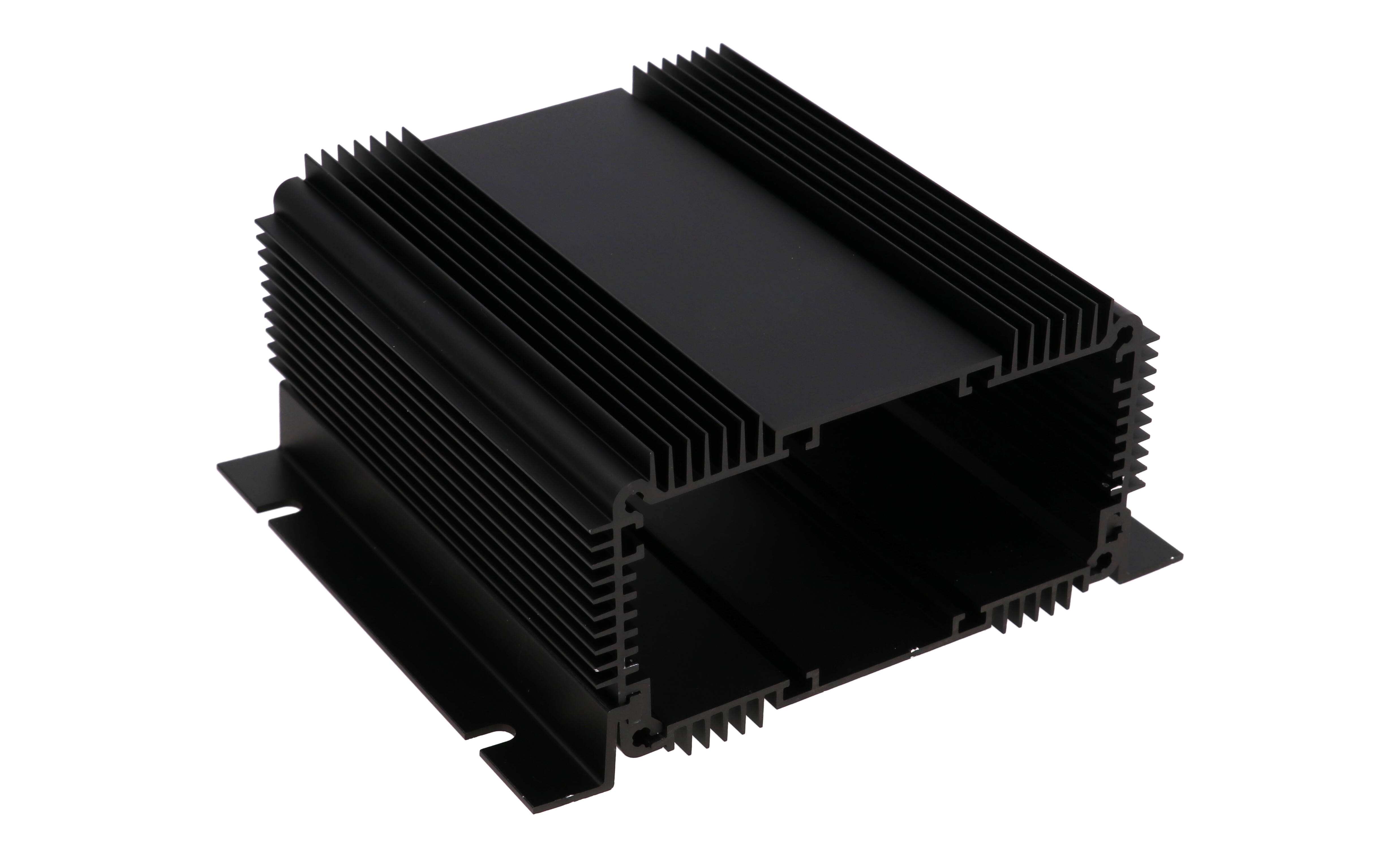 1455NHD1201BK black anodized finned heat dissipating extruded aluminum enclosure, 120 x 111 x 61 mm, with mounting flanges