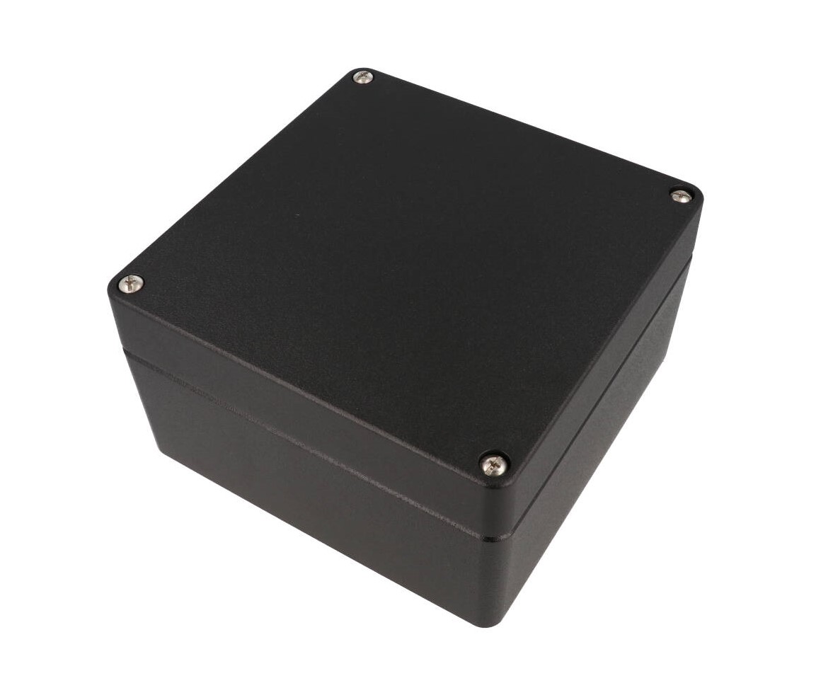 1590Z180BK textured black 180 mm square diecast aluminum enclosure with four recessed lid screws