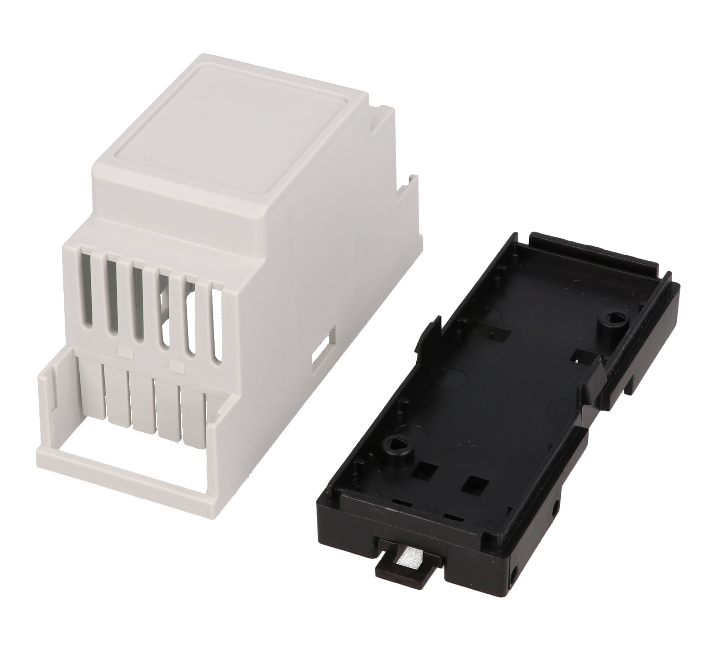 1597DIN2GY gray 2 module DIN rail enclosure, 90 x 35 x 58 mm, with dark gray mounting base