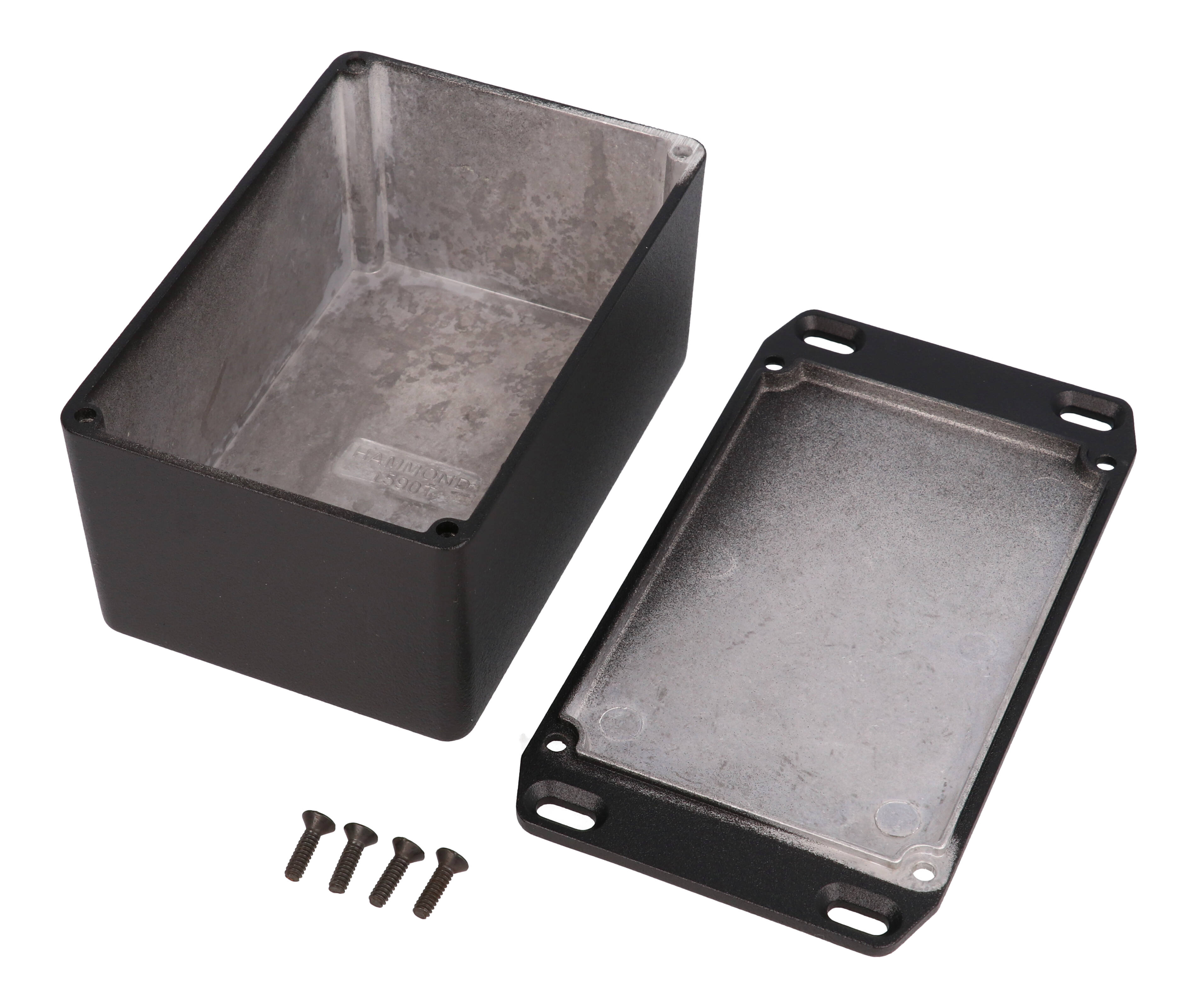 1590TFLBK textured black diecast aluminum enclosure with flanged lid for wall mounting