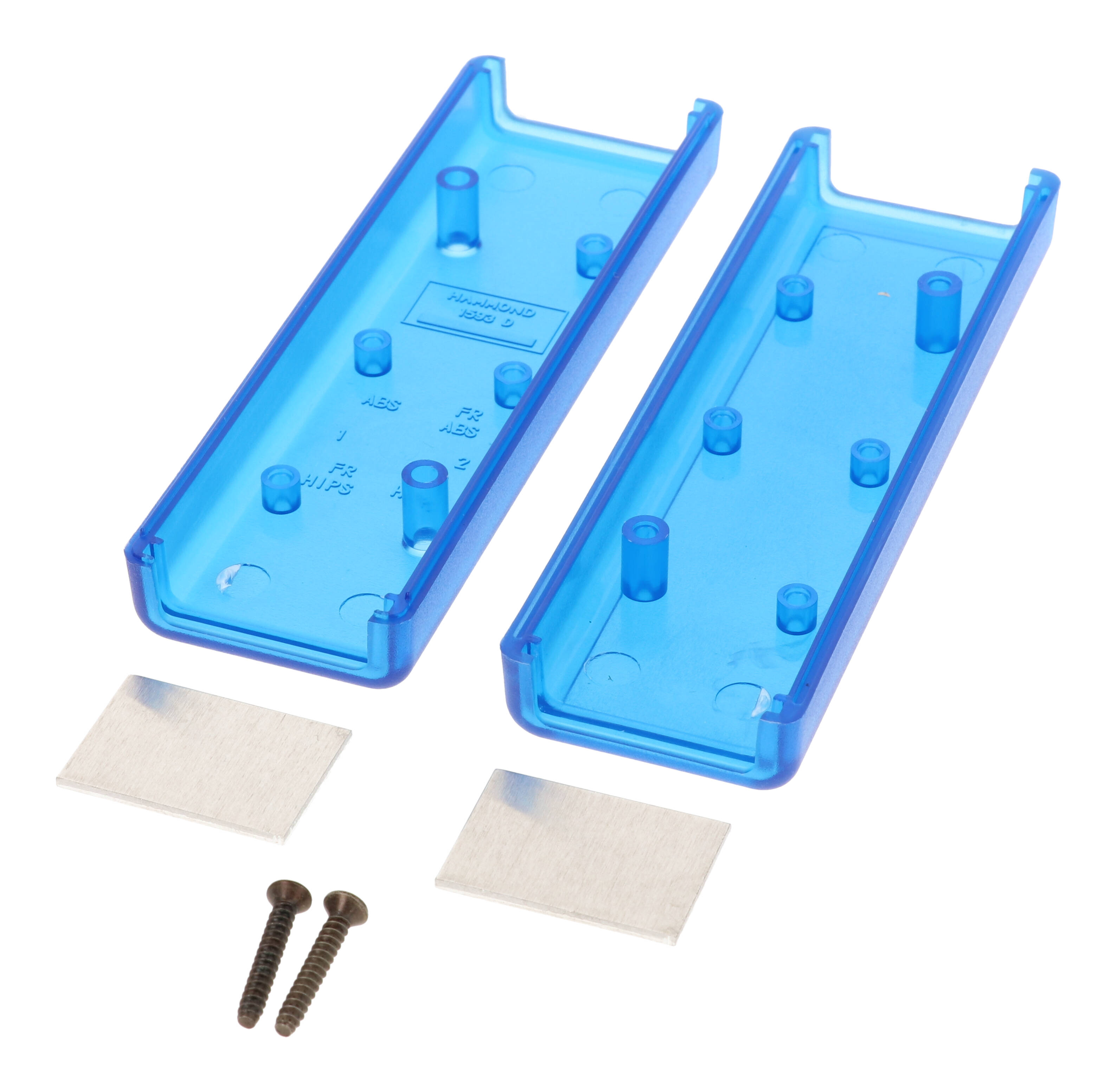 1593DALTBU transparent blue ABS handheld enclosure with aluminum end panels