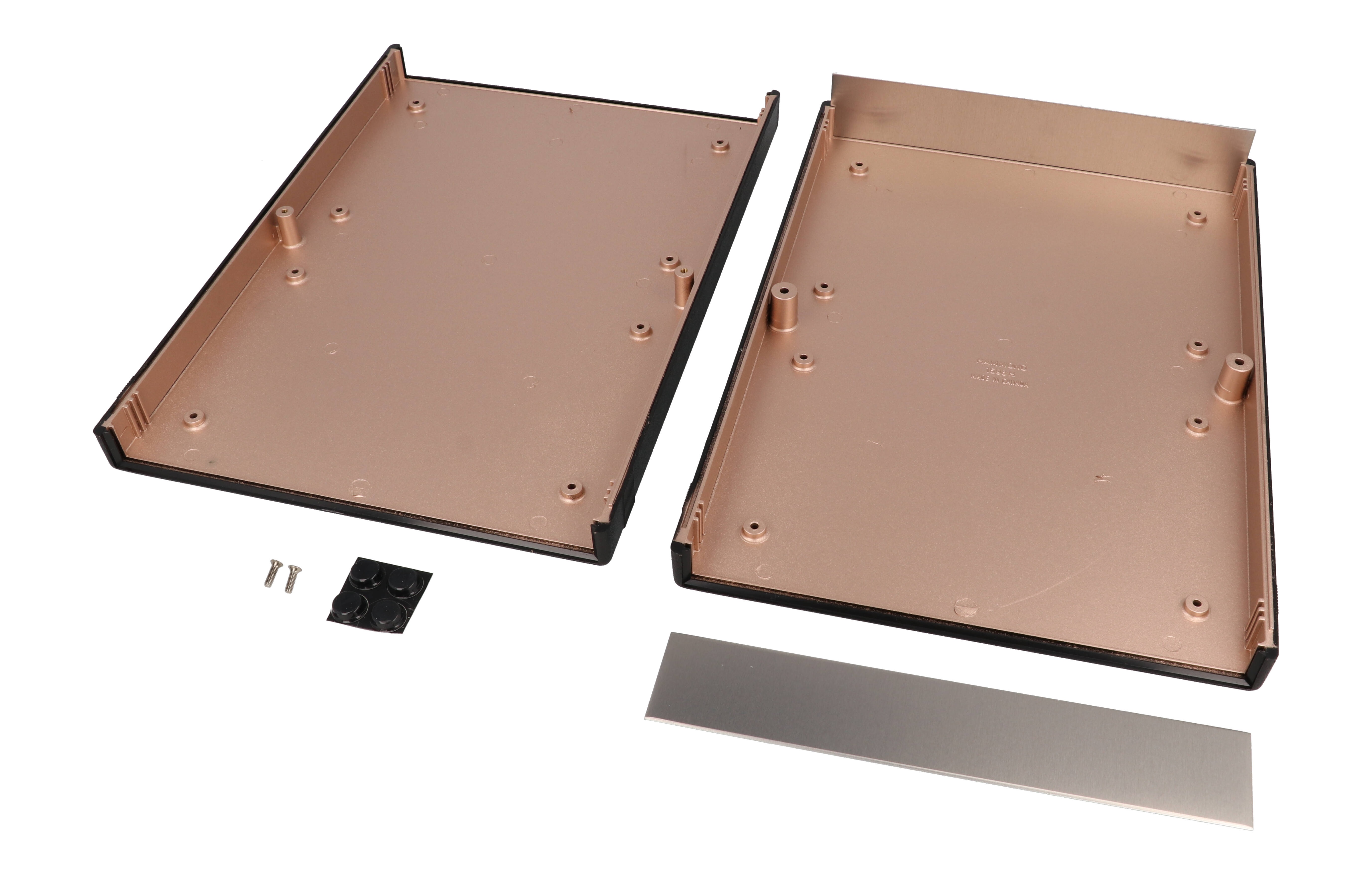 1598RHBK black ABS EMI/RFI shielded instrument enclosure, 281 x 200 x 41 mm, with brushed aluminum end panels