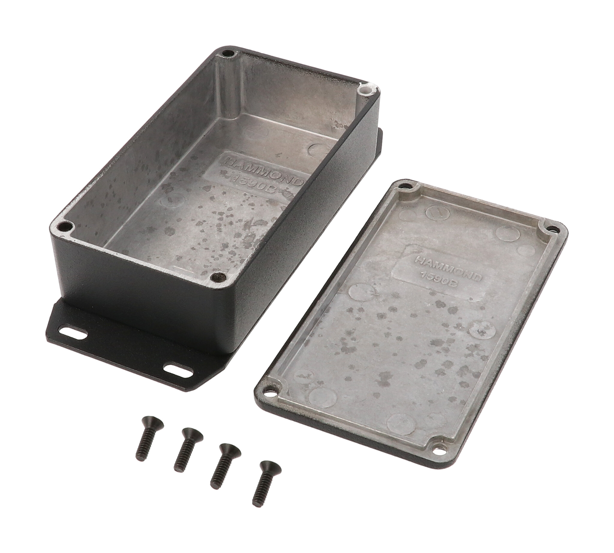 1590BFBK black textured diecast aluminum enclosure with welded bottom mounting flange