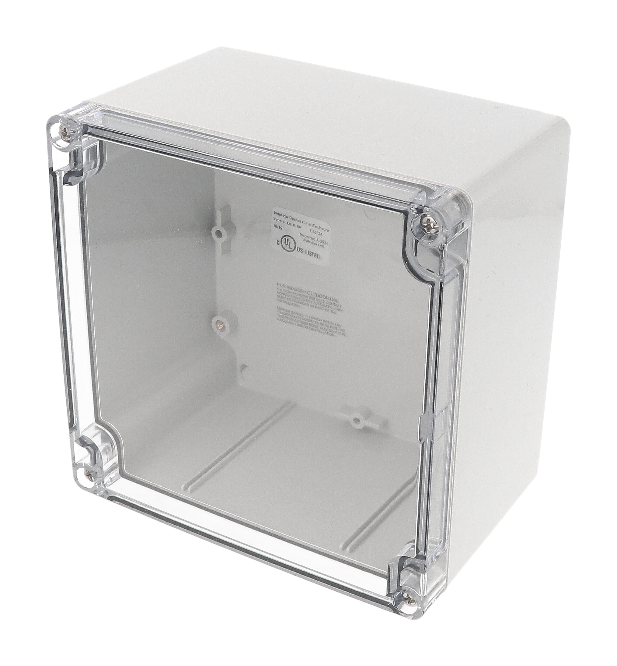 1554QA2GYCL polycarbonate enclosure with clear lid, 140 x 140 x 90 mm, light gray base