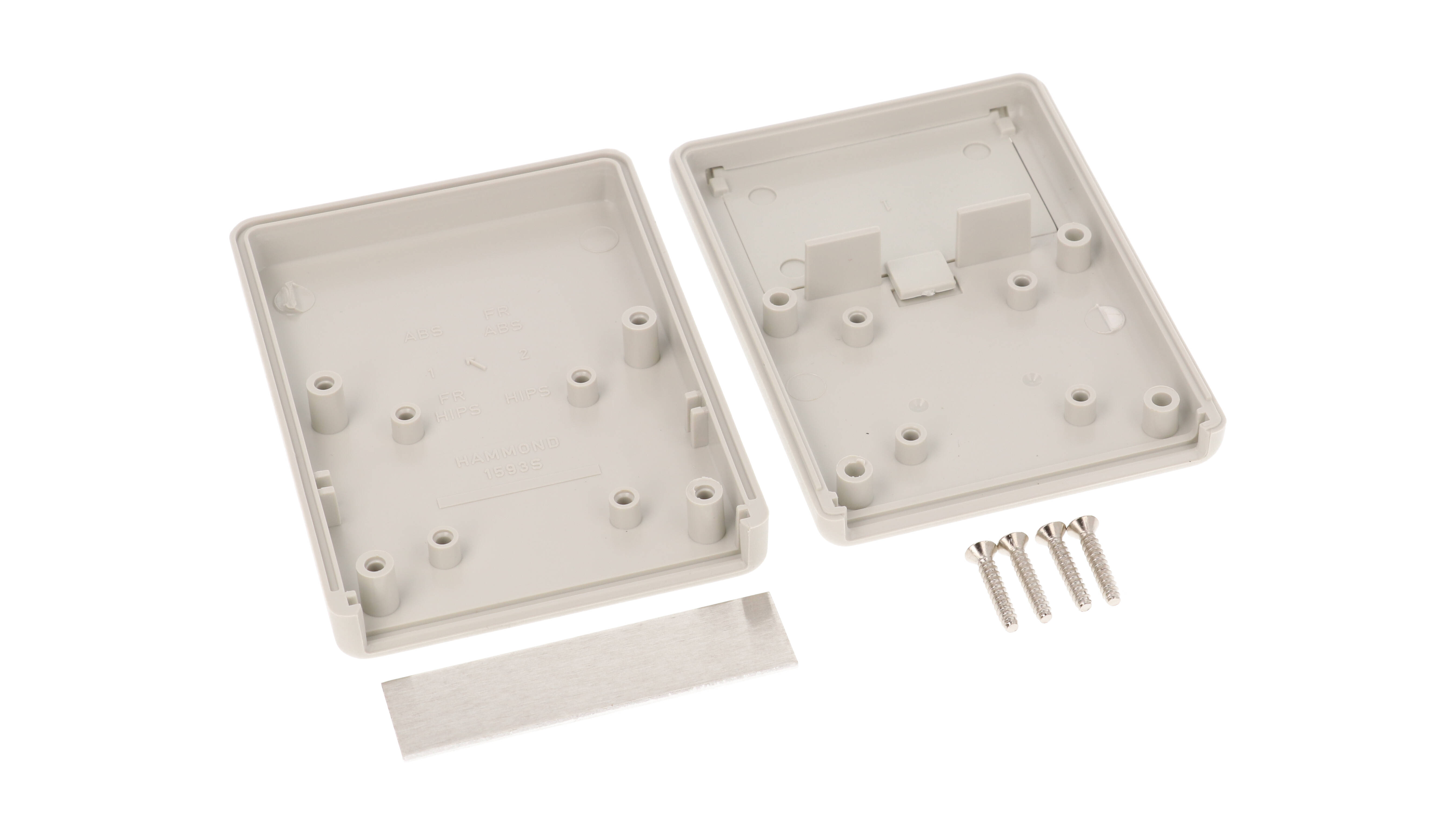 1593SALGY light gray ABS hand held instrument enclosure, 92 x 66.5 x 21 mm, with aluminum end panel and battery door
