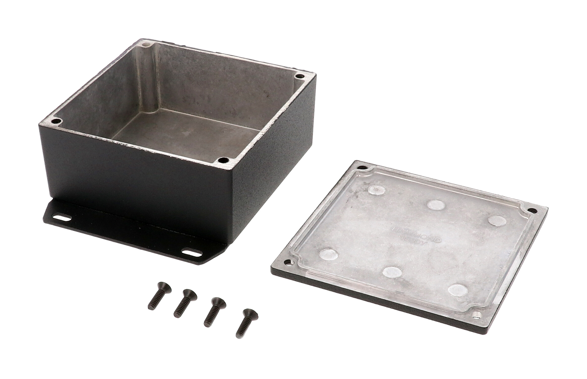 1590YFBK textured black square diecast enclosure with welded bottom mounting flange