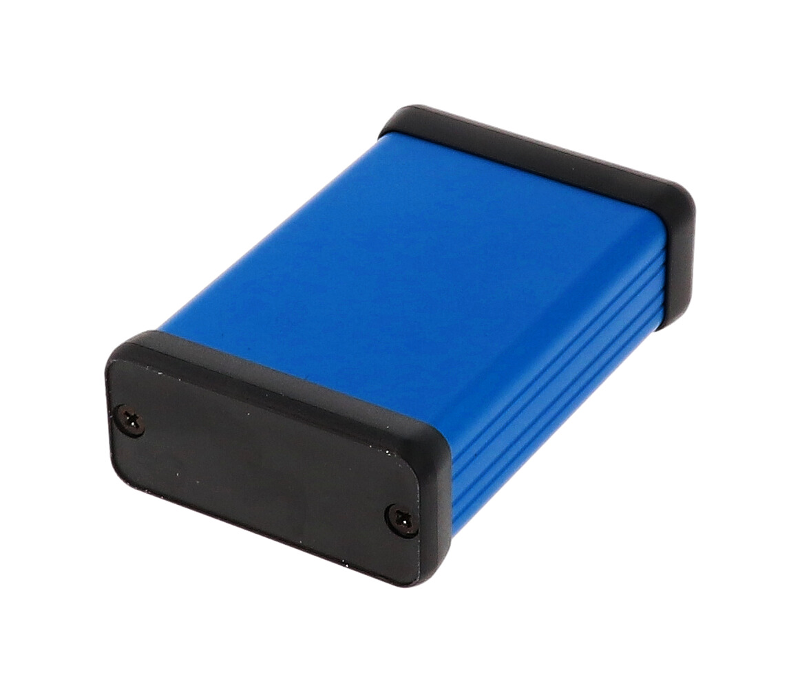 1455C802BU blue anodized extruded aluminum PC board enclosure, 80 x 54 x 23 mm, with plastic end panels
