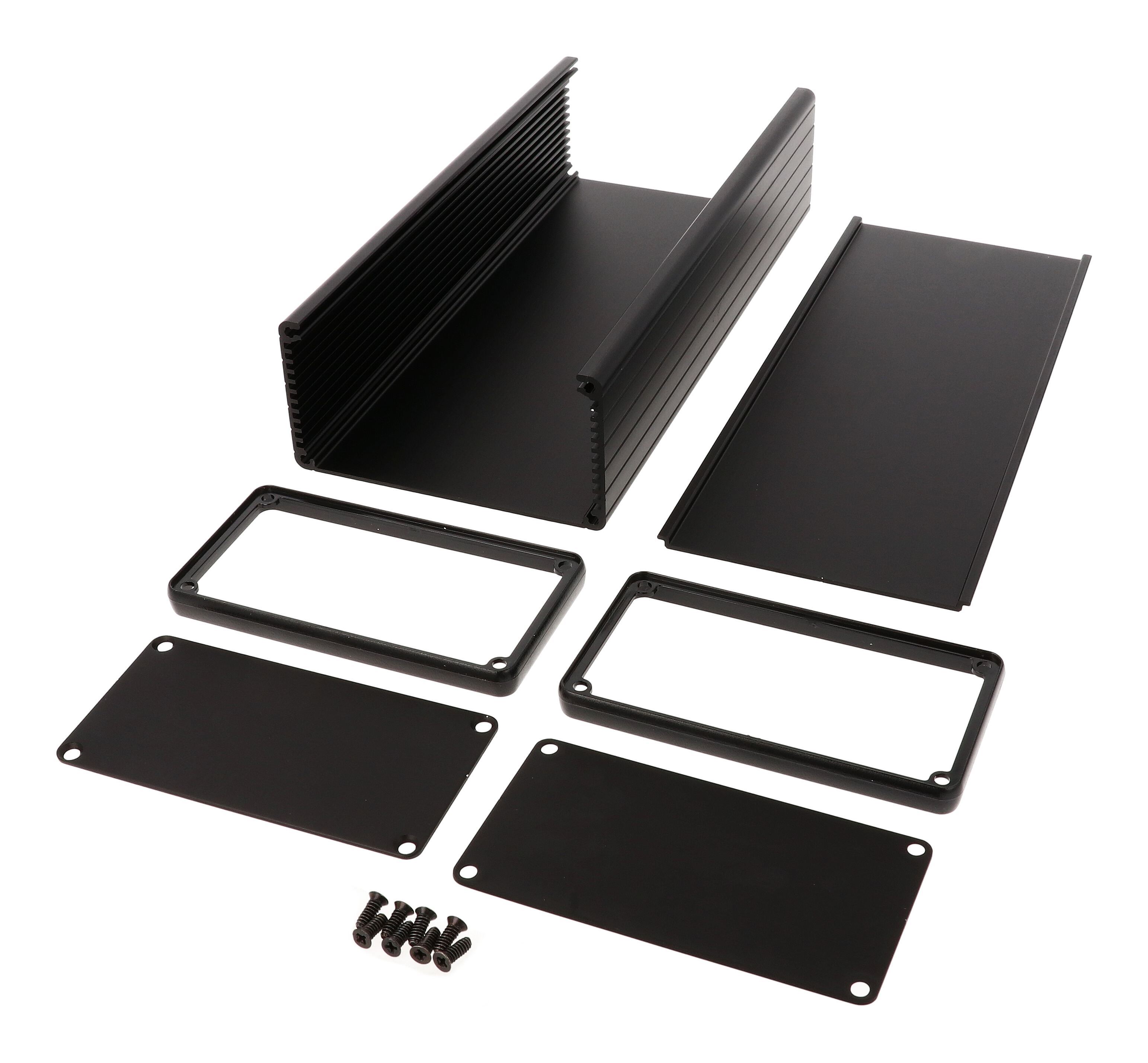 1455N2201BK black anodized extruded aluminum enclosure, 220 x 103 x 53 mm, with metal end panels