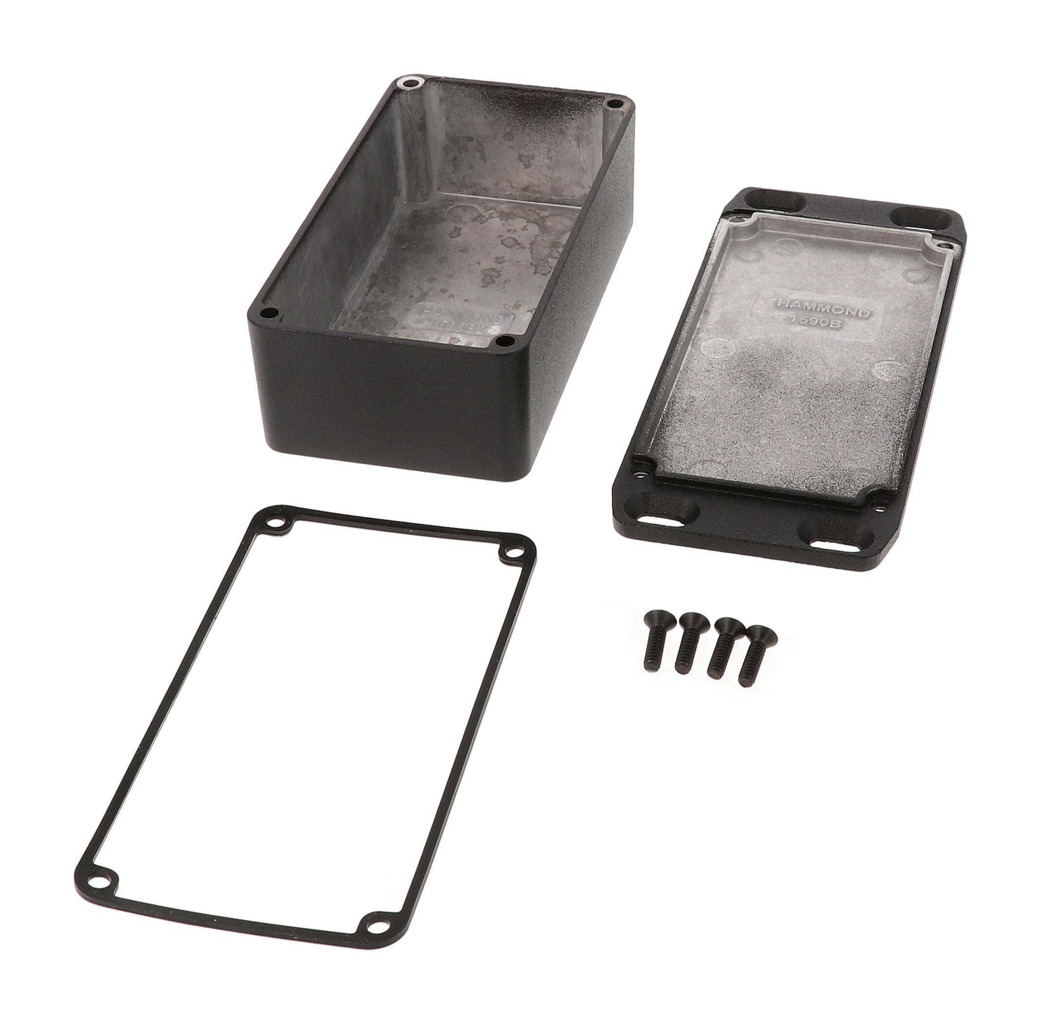 1590WB2FLBK black textured IP65 watertight diecast enclosure, 112 x 61 x 38 mm, wall-mounting flanged lid