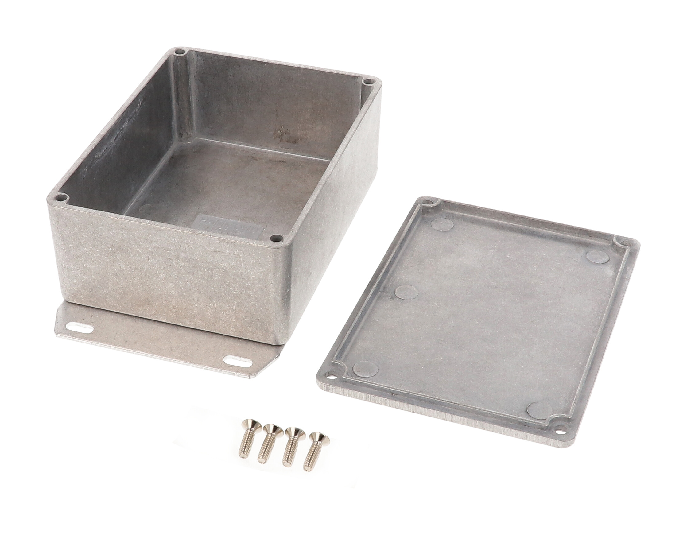 1590SF natural aluminum diecast aluminum enclosure with welded flanged bottom plate, 110 x 82 x 44 mm