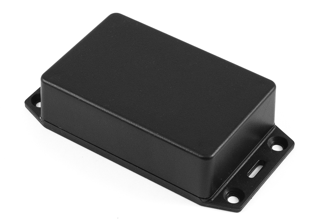 1591XXMSFLBK black ABS plastic flanged-lid enclosure with PC board standoffs, 86 x 57 x 27 mm