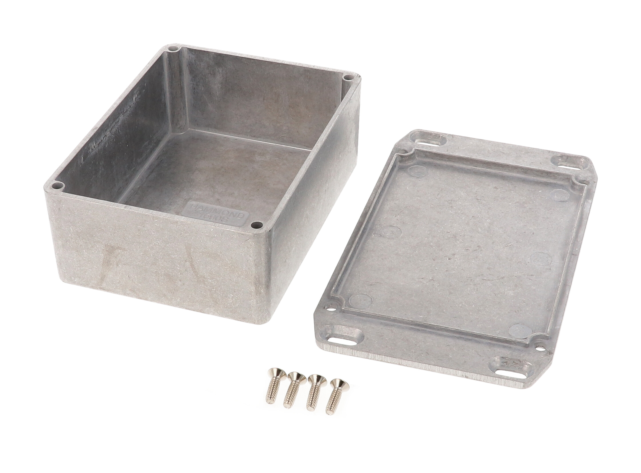 1590SFL natural aluminum diecast aluminum enclosure with wall-mounting flanged lid, 110 x 82 x 44 mm