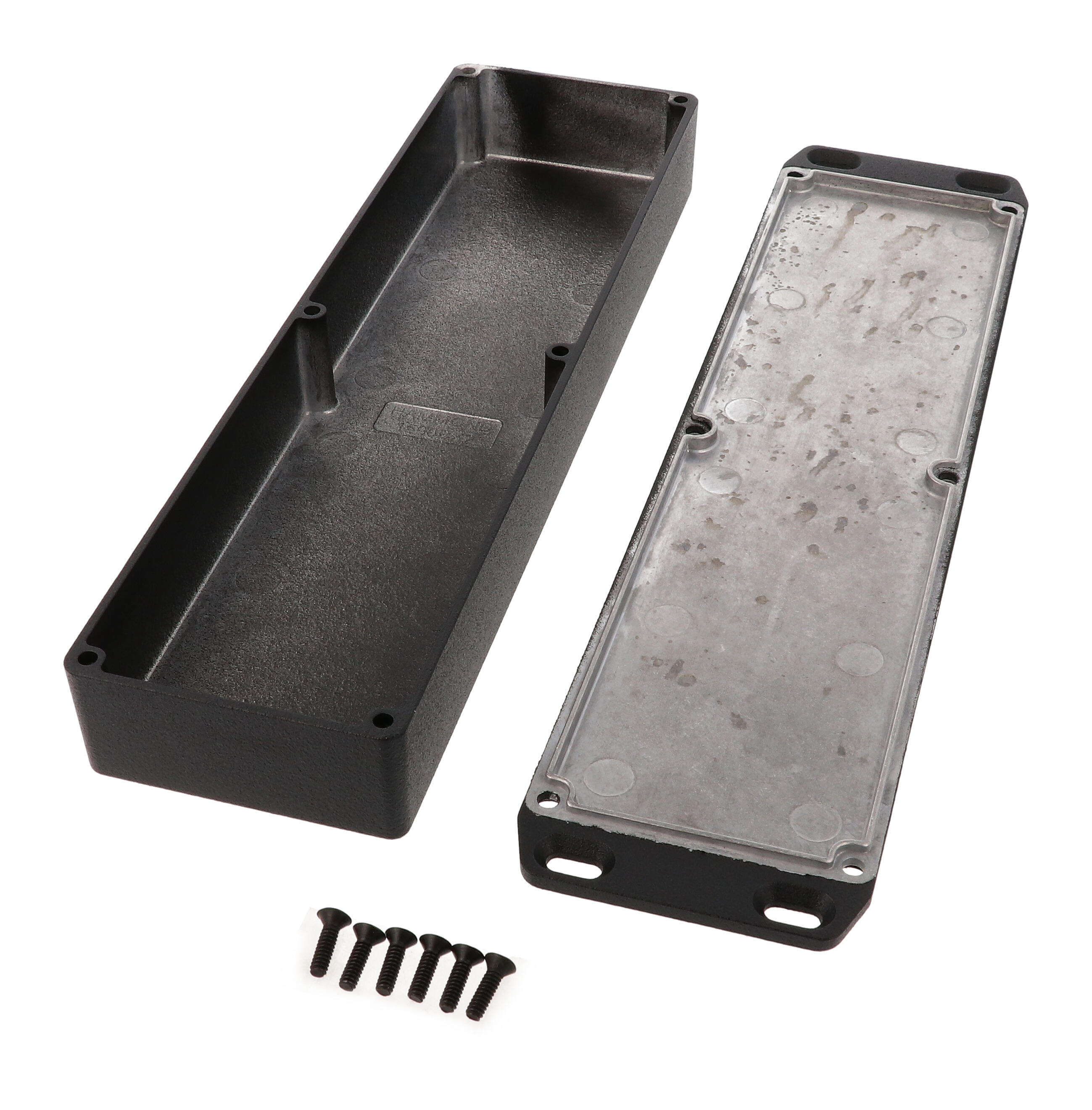 1590BX2FLBK long slim black textured diecast aluminum enclosure with flanged mounting lid