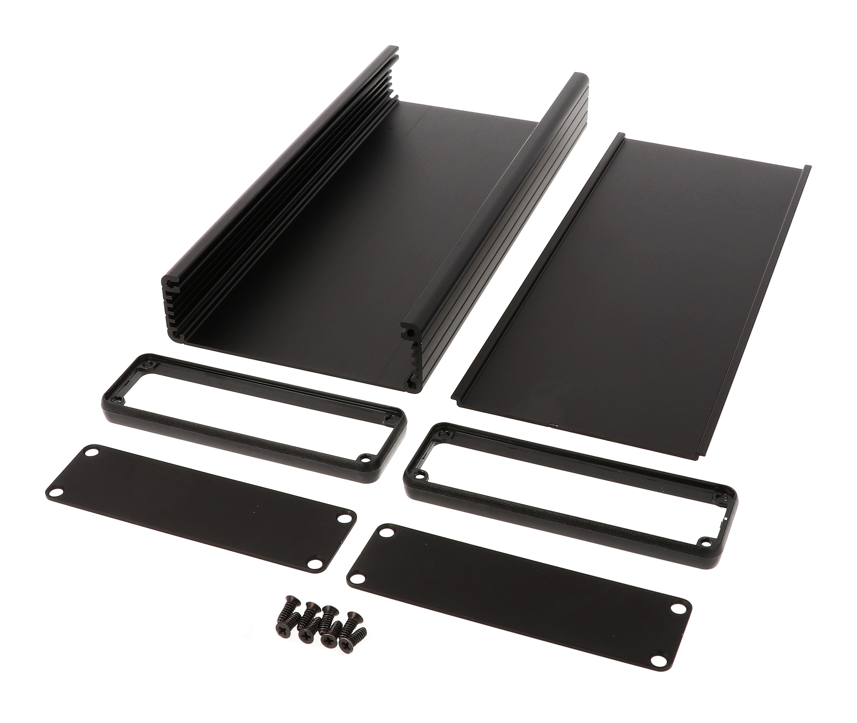 1455L2201BK black anodized extruded aluminum PC board enclosure, 220 x 103 x 30.5 mm, with aluminum end panels and black bezels