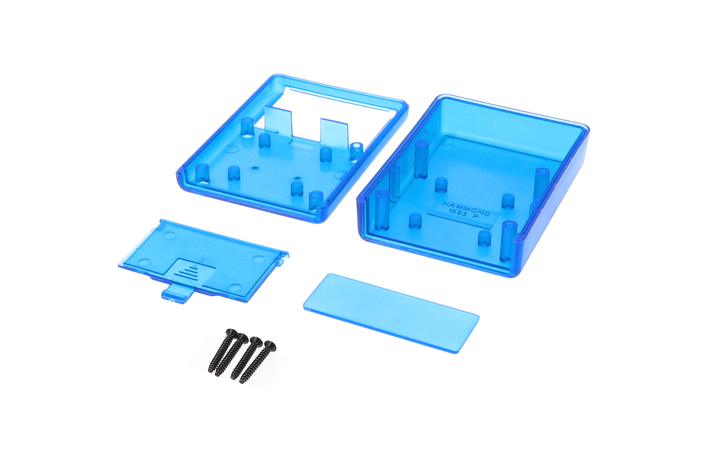 1593PTBU transparent blue ABS hand-held enclosure with battery door